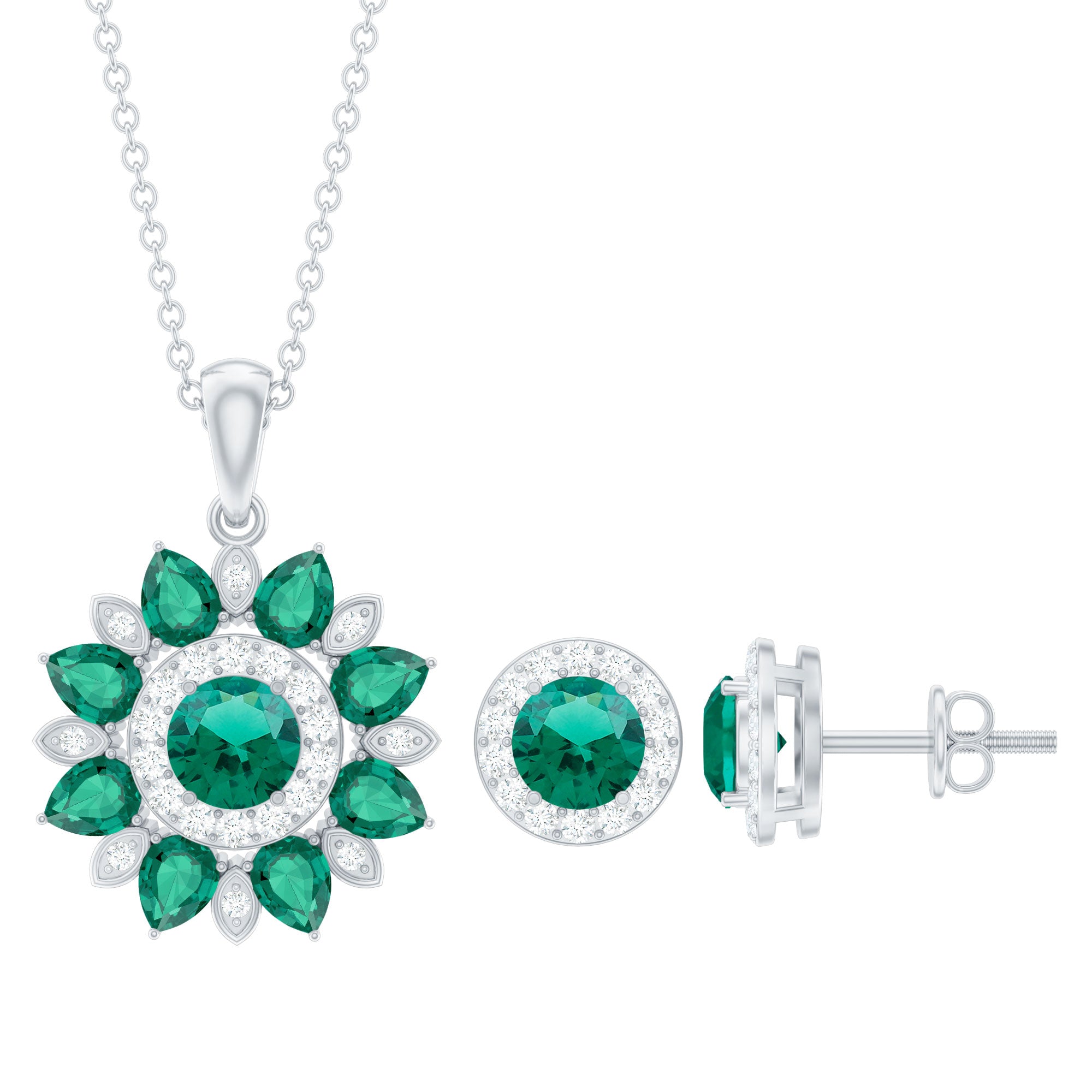 Lab Created Emerald and Moissanite Flower Jewelry Set AAAA - Rosec Jewels