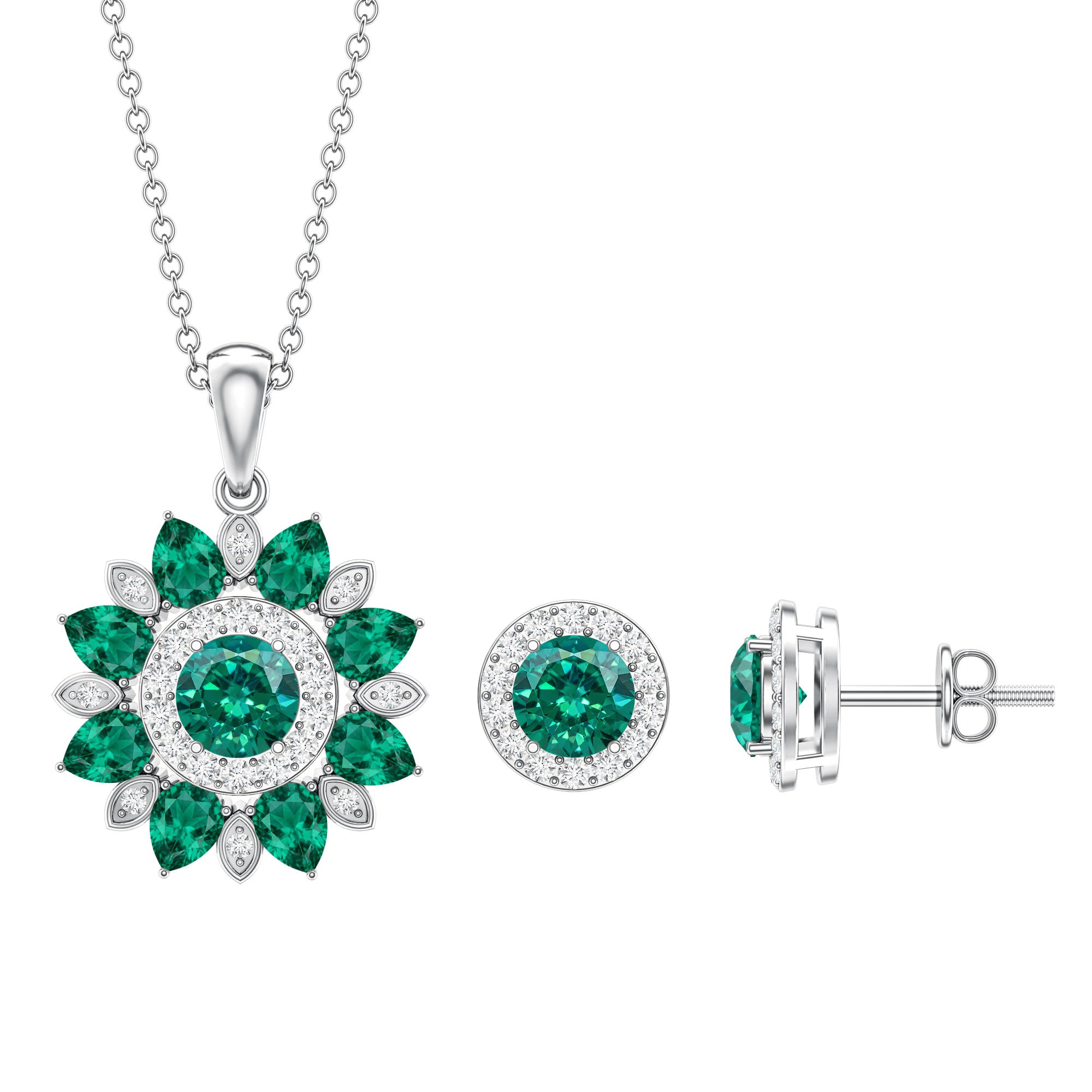Certified Lab Created Emerald and Diamond Flower Jewelry Set AAAA - Rosec Jewels