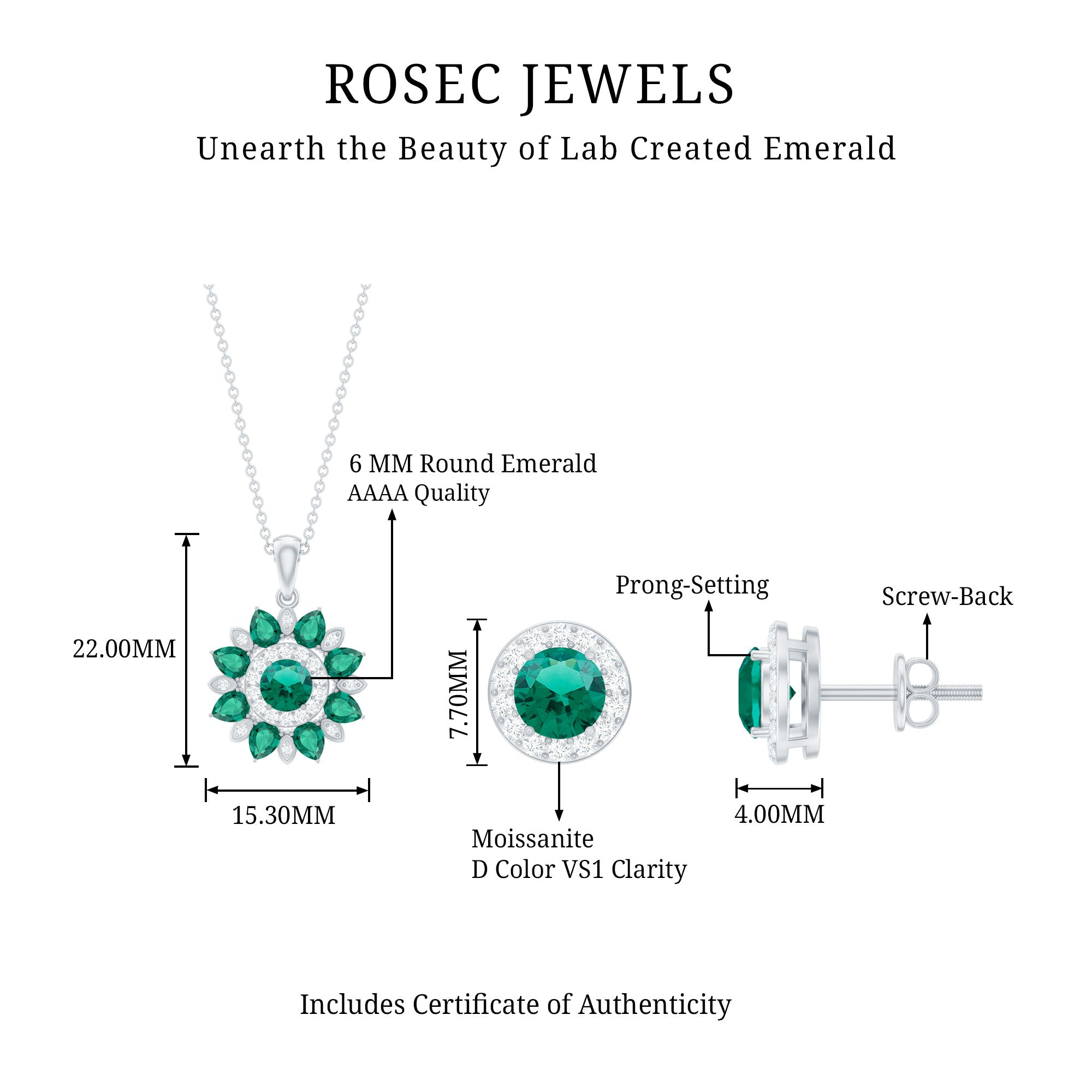Lab Created Emerald and Moissanite Flower Jewelry Set AAAA - Rosec Jewels