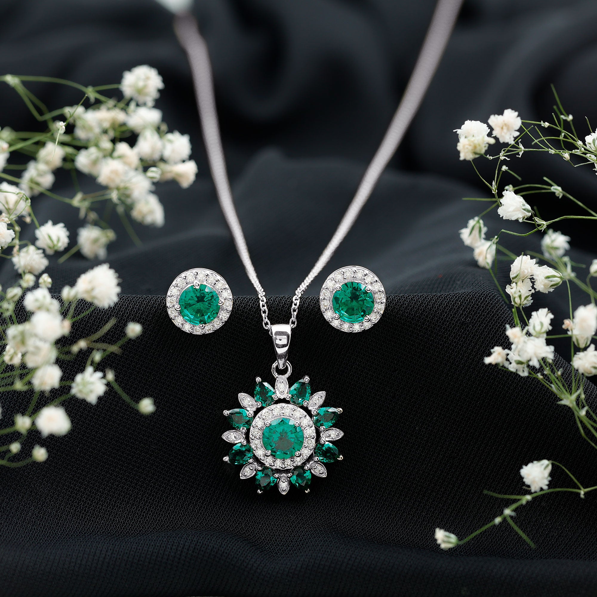 Lab Created Emerald and Moissanite Flower Jewelry Set AAAA - Rosec Jewels