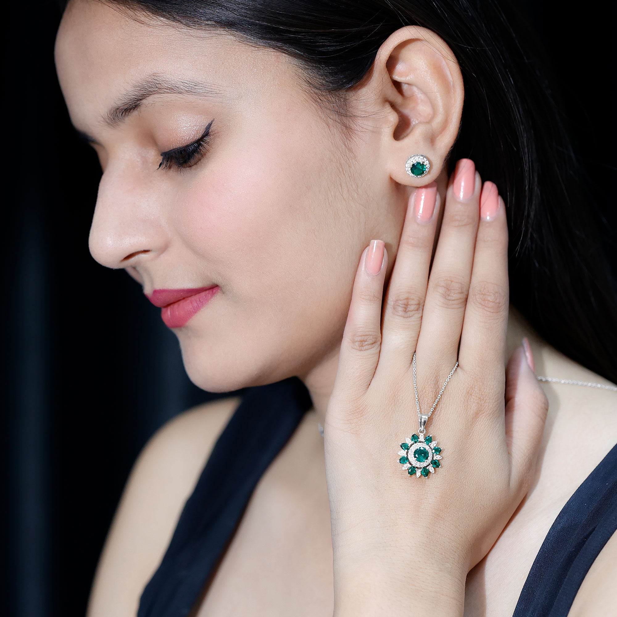 Lab Created Emerald and Moissanite Flower Jewelry Set AAAA - Rosec Jewels