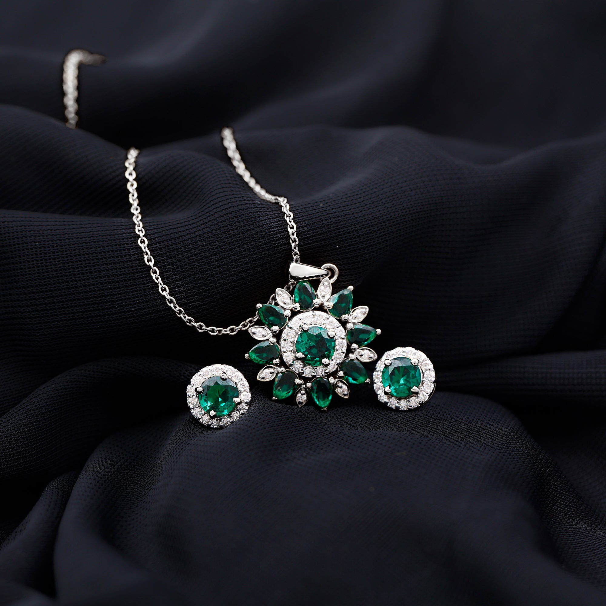 Lab Created Emerald and Moissanite Flower Jewelry Set AAAA - Rosec Jewels
