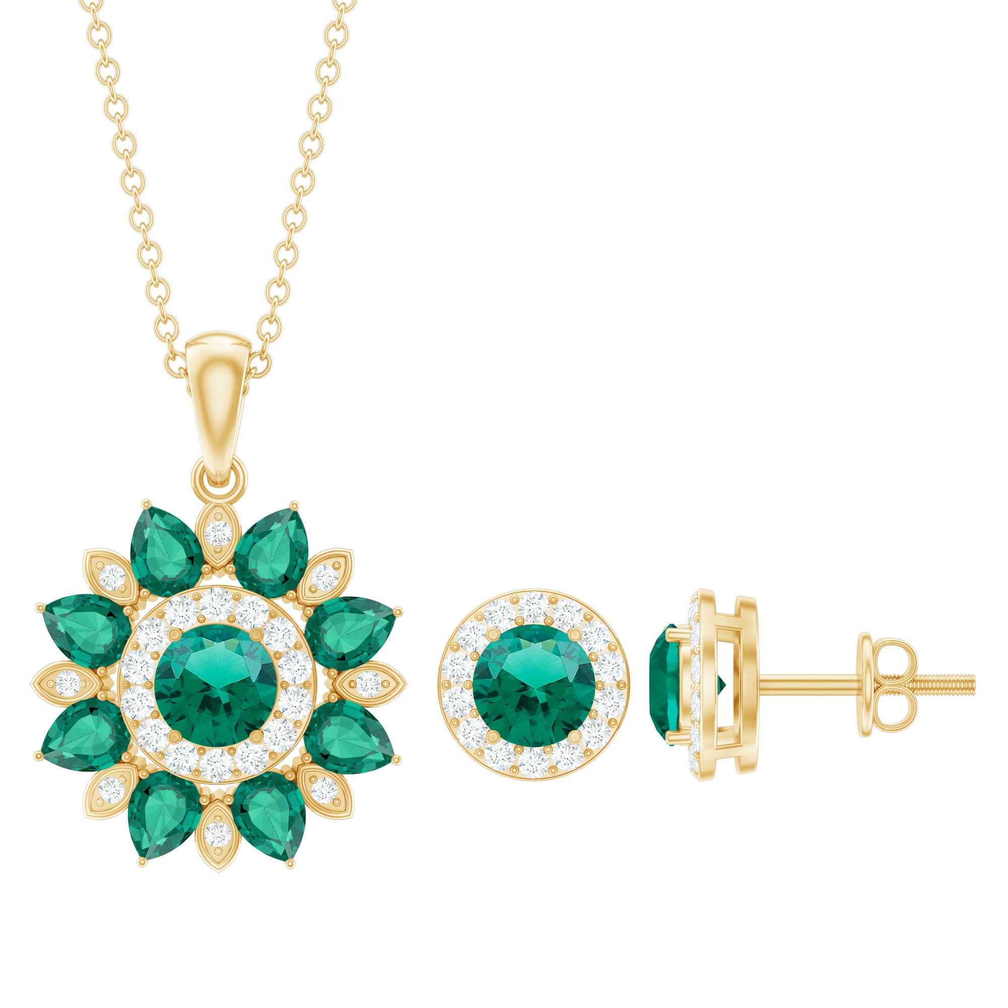 Lab Created Emerald and Moissanite Flower Jewelry Set AAAA - Rosec Jewels