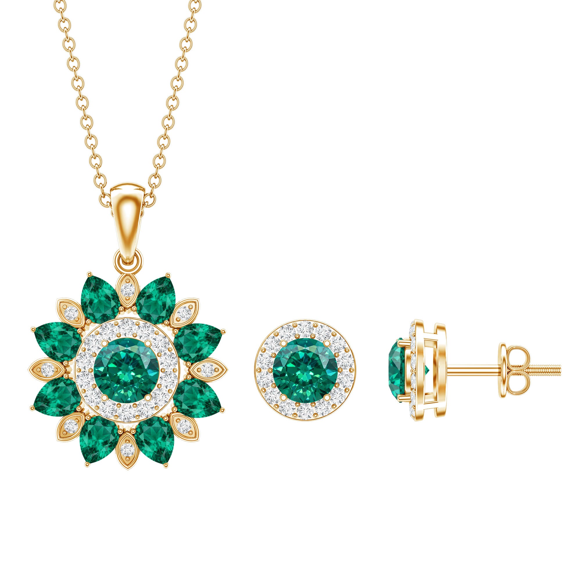 Certified Lab Created Emerald and Diamond Flower Jewelry Set AAAA - Rosec Jewels