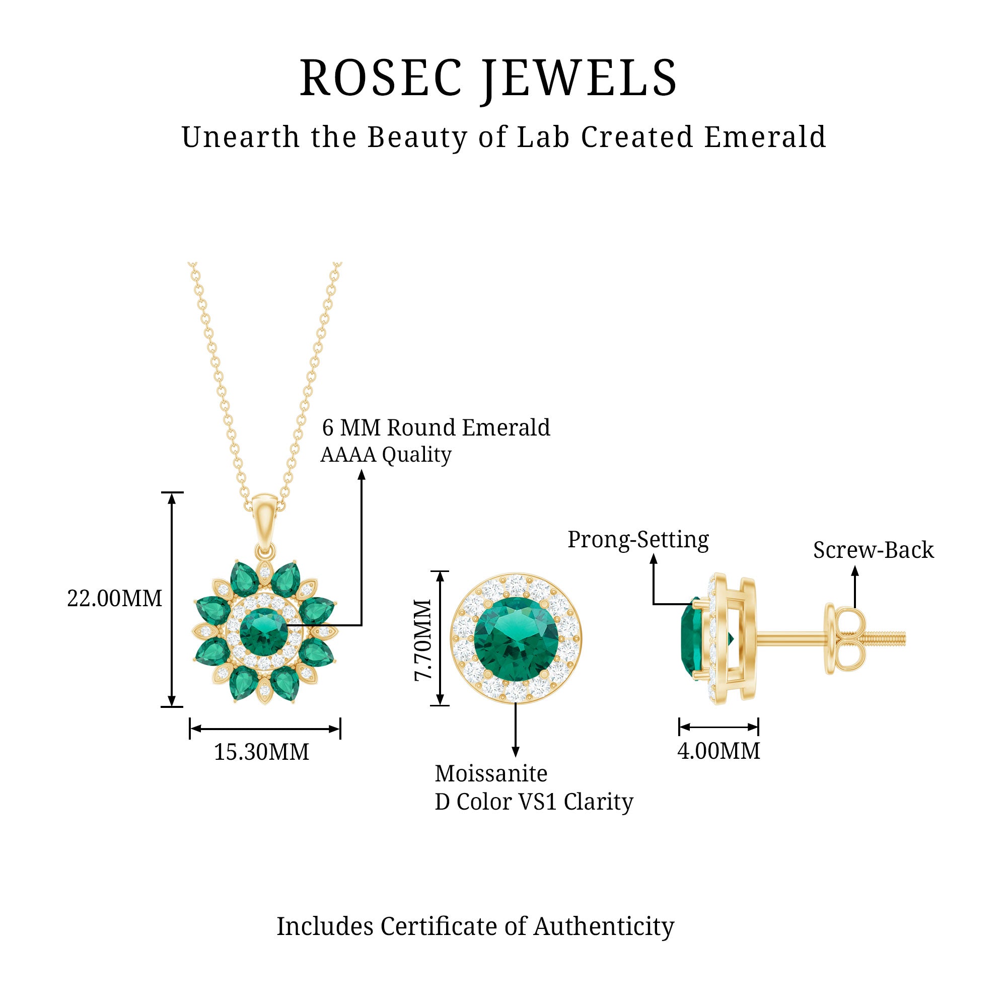 Lab Created Emerald and Moissanite Flower Jewelry Set AAAA - Rosec Jewels