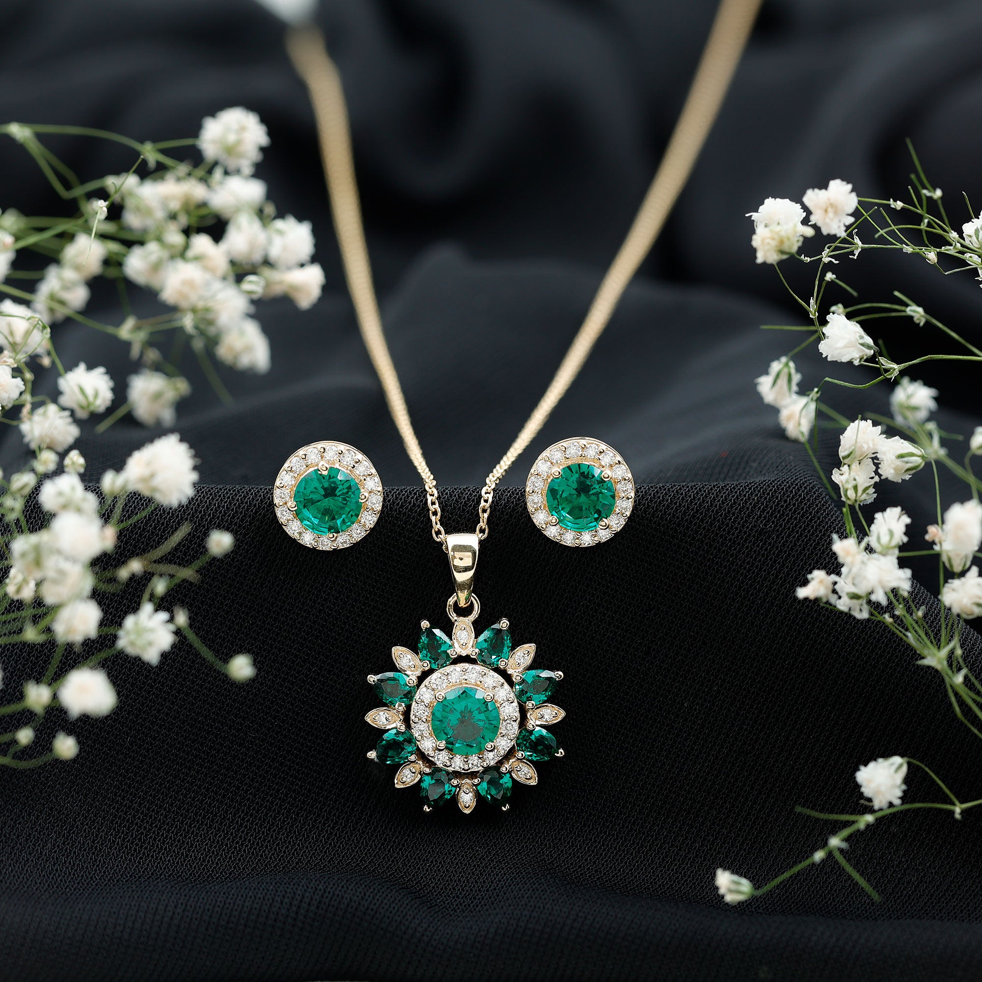 Lab Created Emerald and Moissanite Flower Jewelry Set AAAA - Rosec Jewels