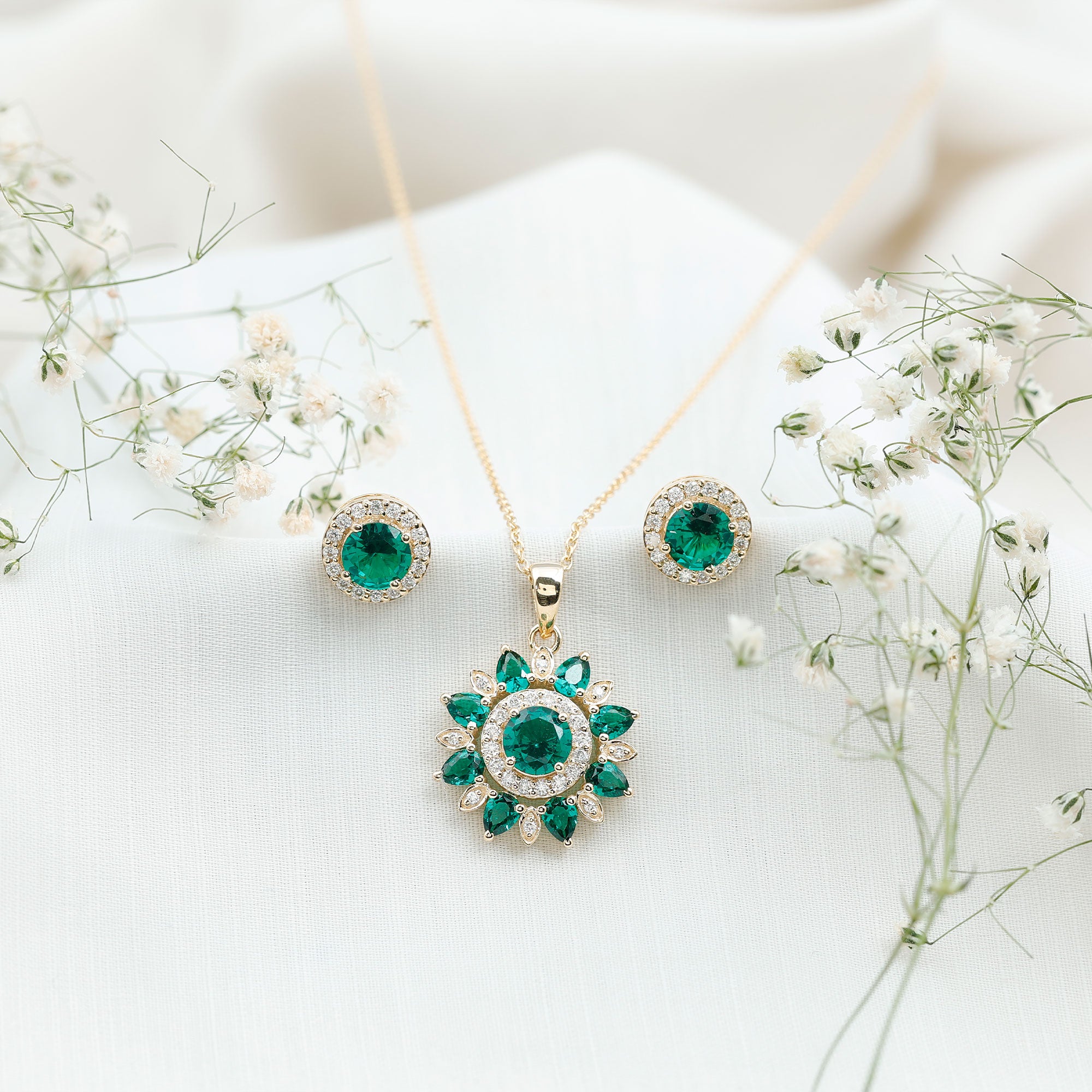 Lab Created Emerald and Moissanite Flower Jewelry Set AAAA - Rosec Jewels