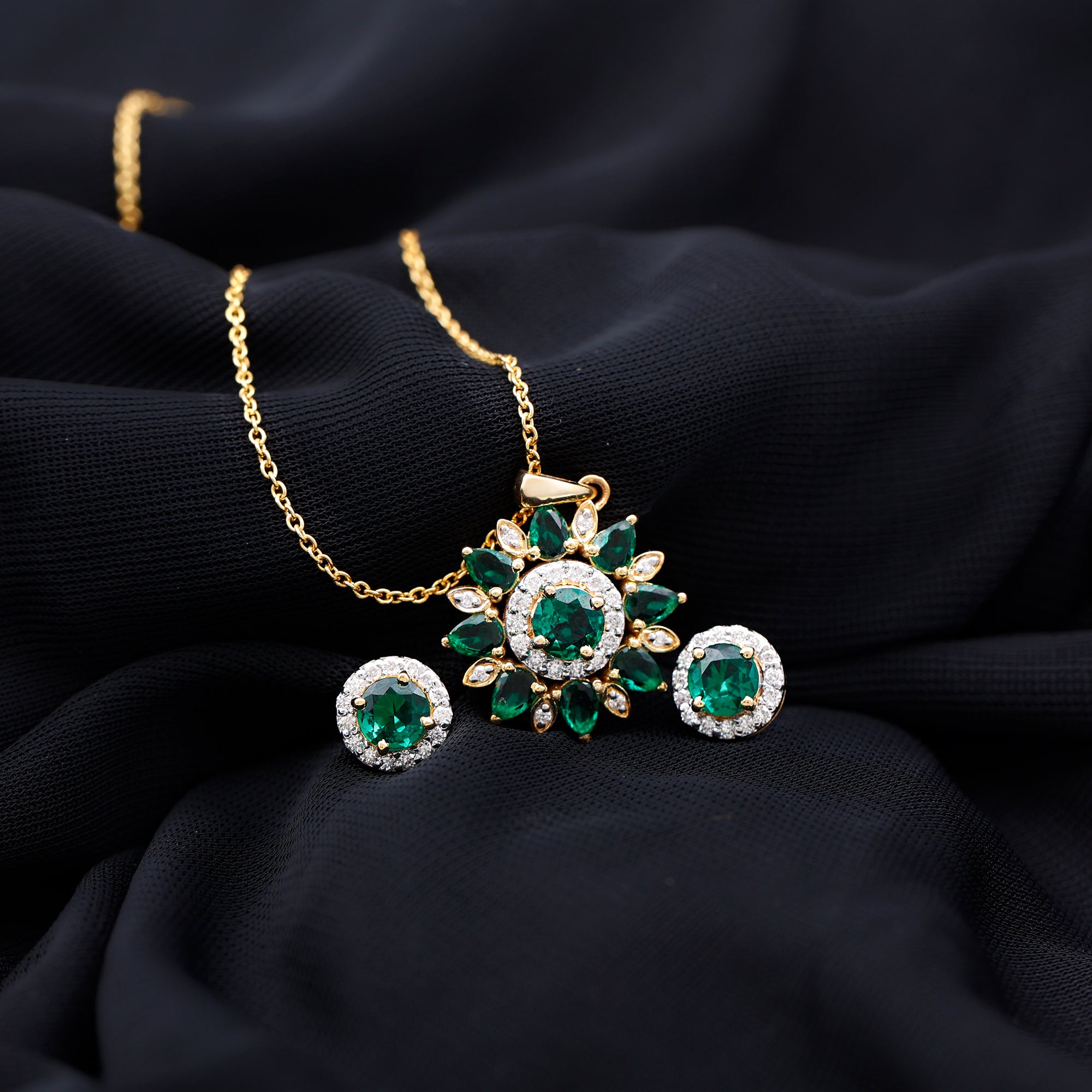 Lab Created Emerald and Moissanite Flower Jewelry Set AAAA - Rosec Jewels