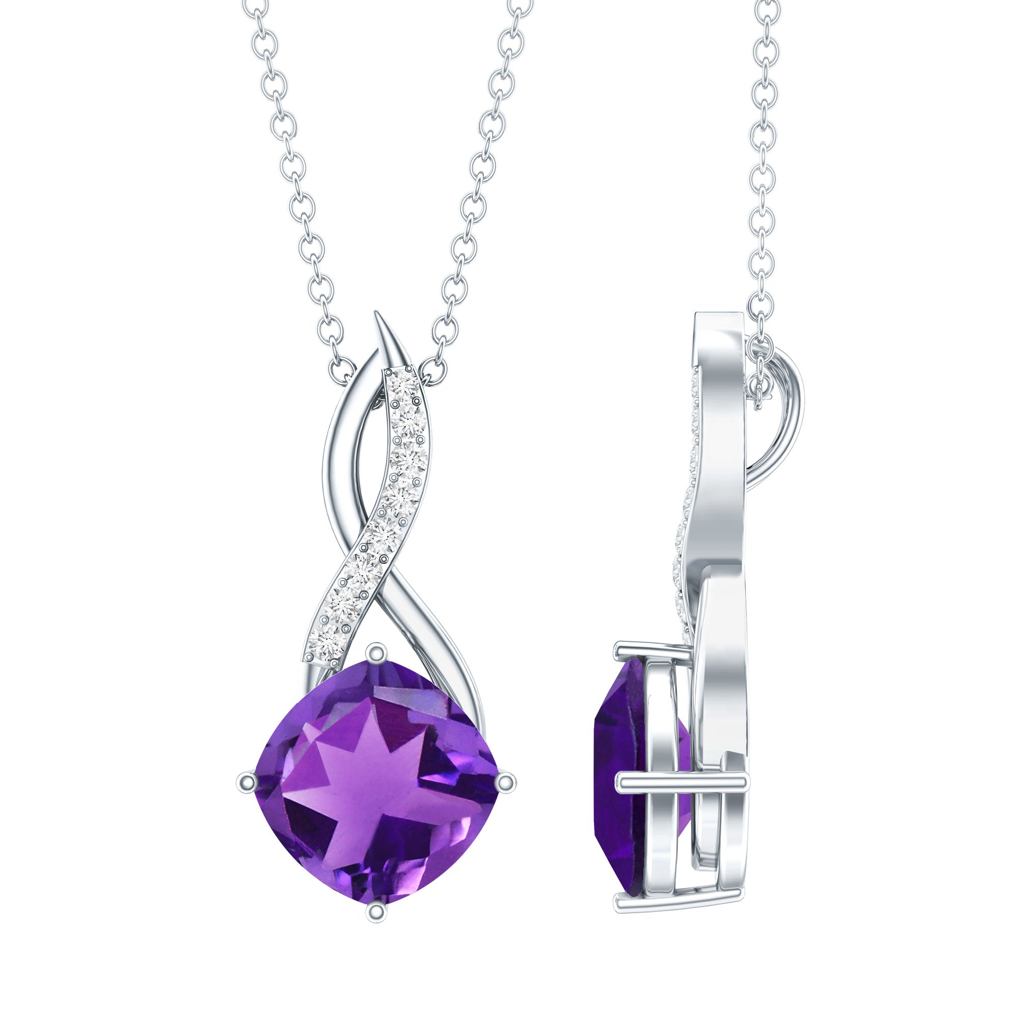 Natural 2 Carat Cushion Cut Amethyst Infinity Necklace with Diamond AAA - Rosec Jewels