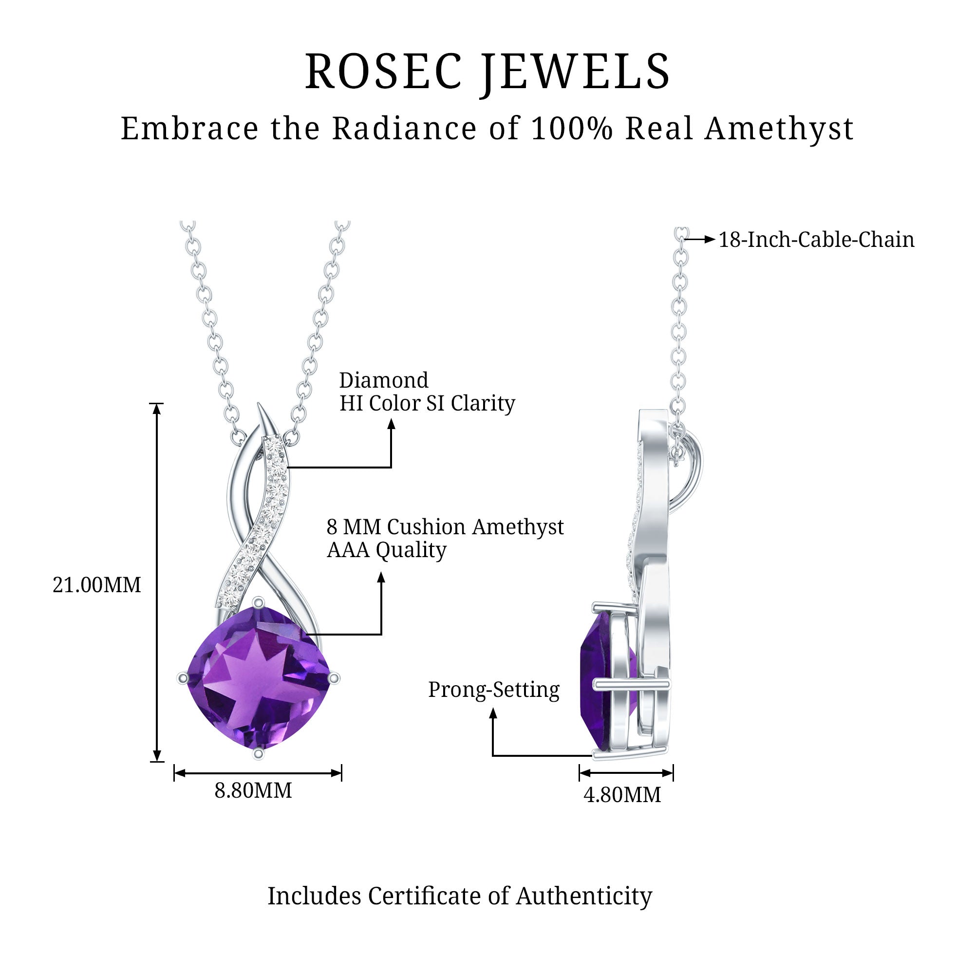 Natural 2 Carat Cushion Cut Amethyst Infinity Necklace with Diamond AAA - Rosec Jewels