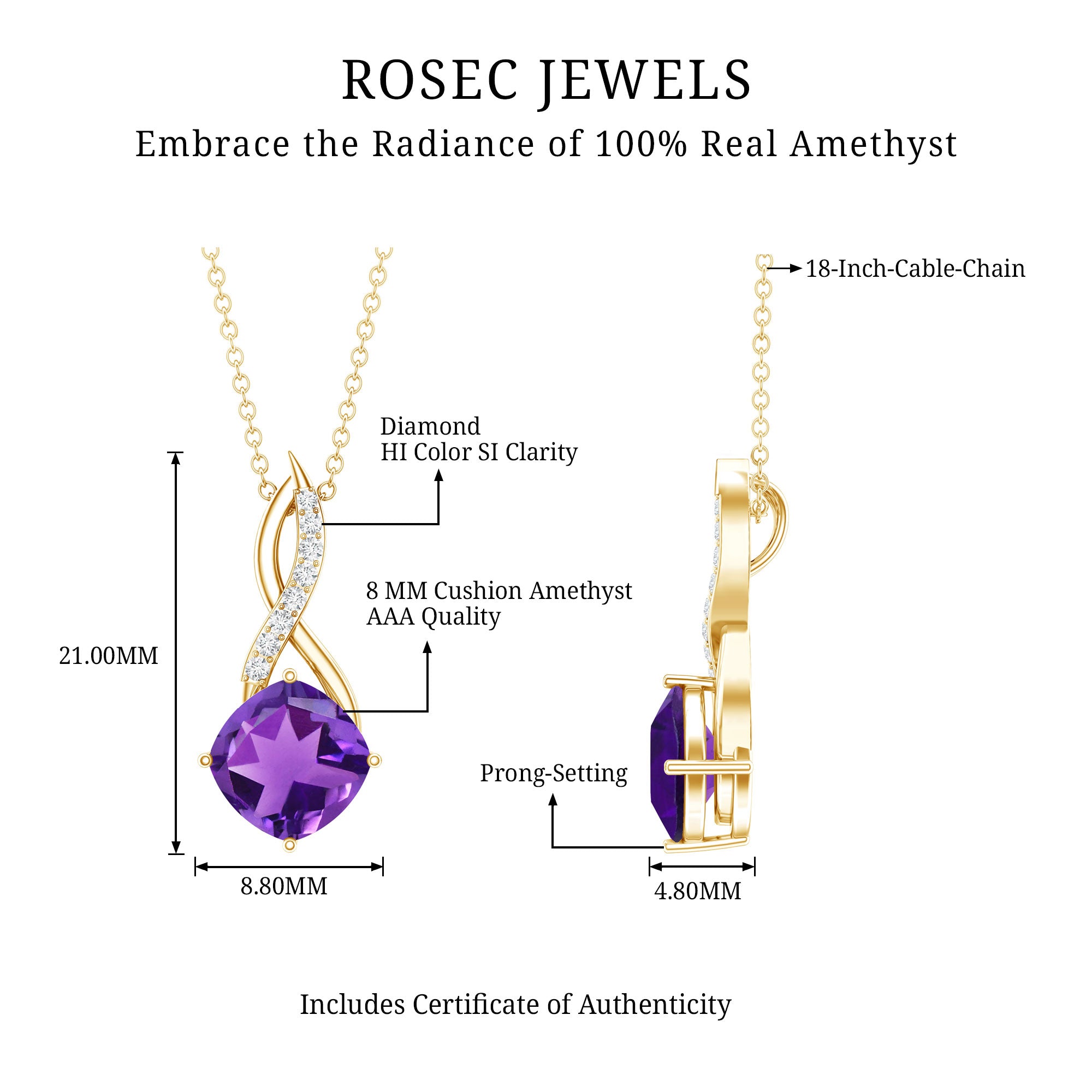 Natural 2 Carat Cushion Cut Amethyst Infinity Necklace with Diamond AAA - Rosec Jewels