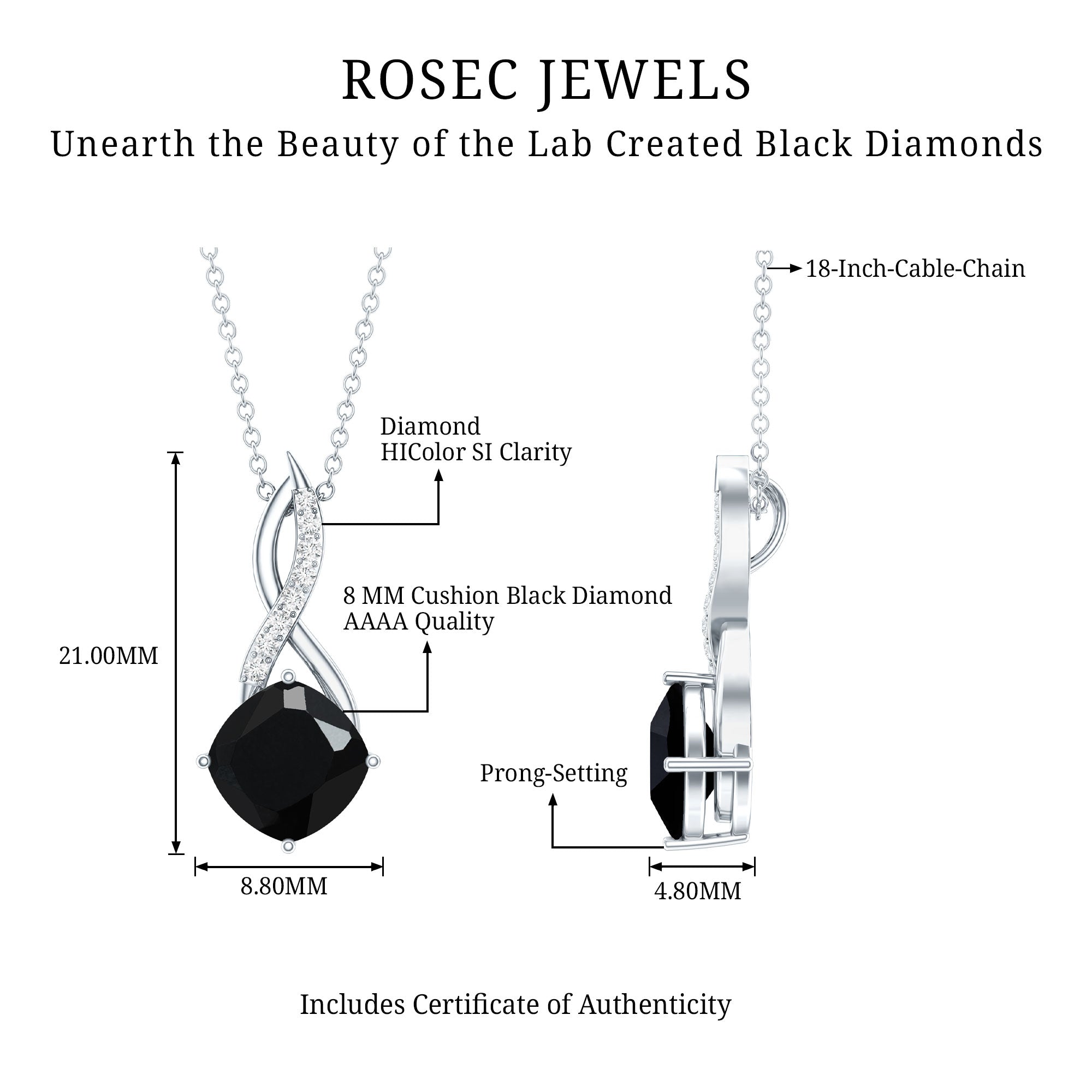 2.83 Carat Cushion Lab Grown Black Diamond Infinity Necklace AAAA ( Synthetic ) - Rosec Jewels