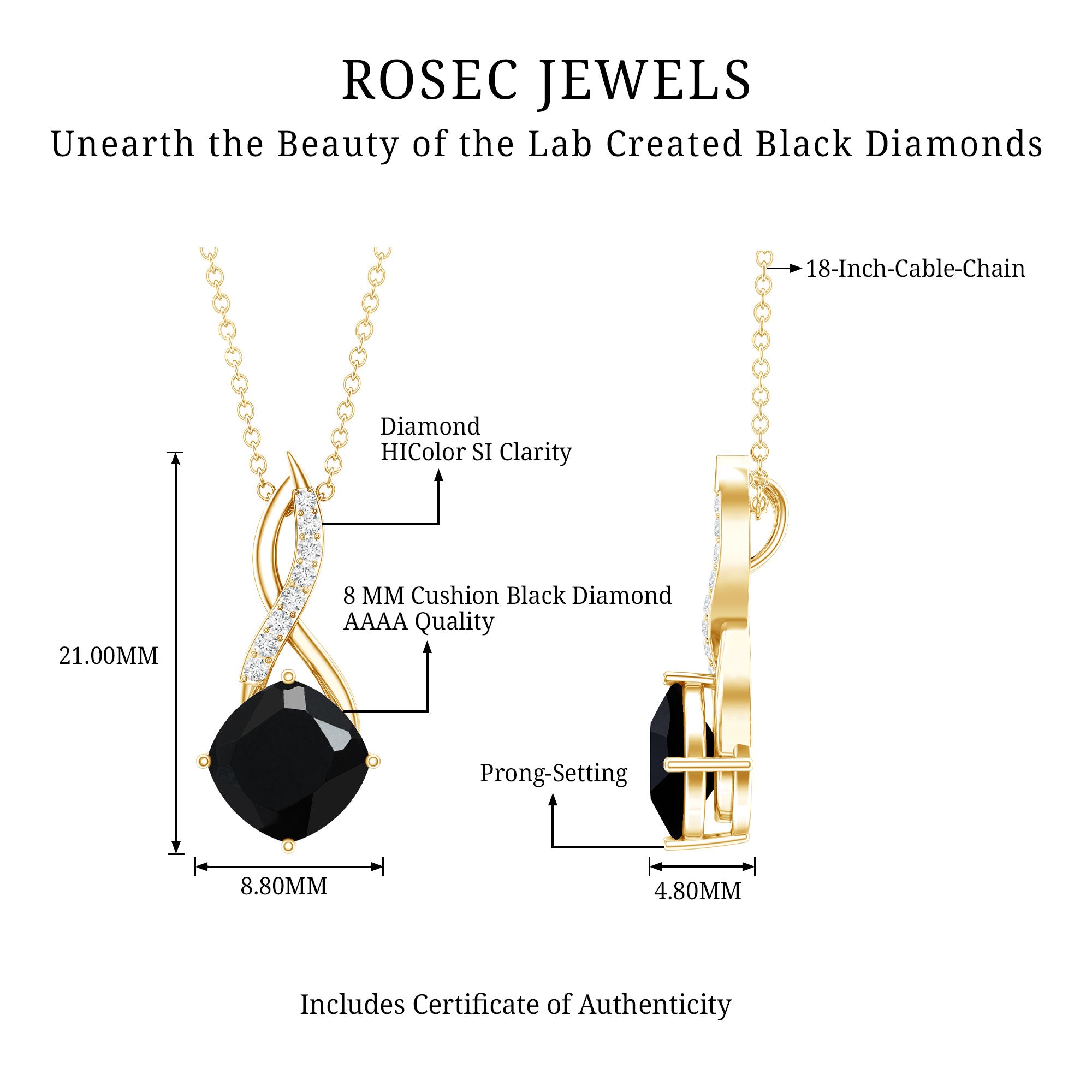 2.83 Carat Cushion Lab Grown Black Diamond Infinity Necklace AAAA ( Synthetic ) - Rosec Jewels
