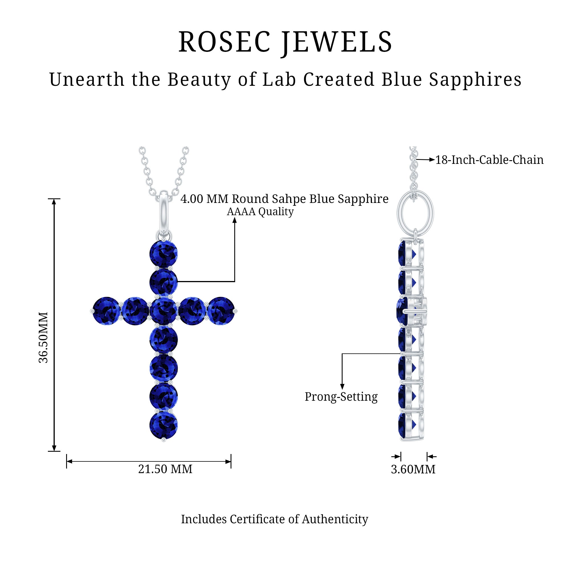 Simple Created Blue Sapphire Cross Pendant Necklace AAAA - Rosec Jewels