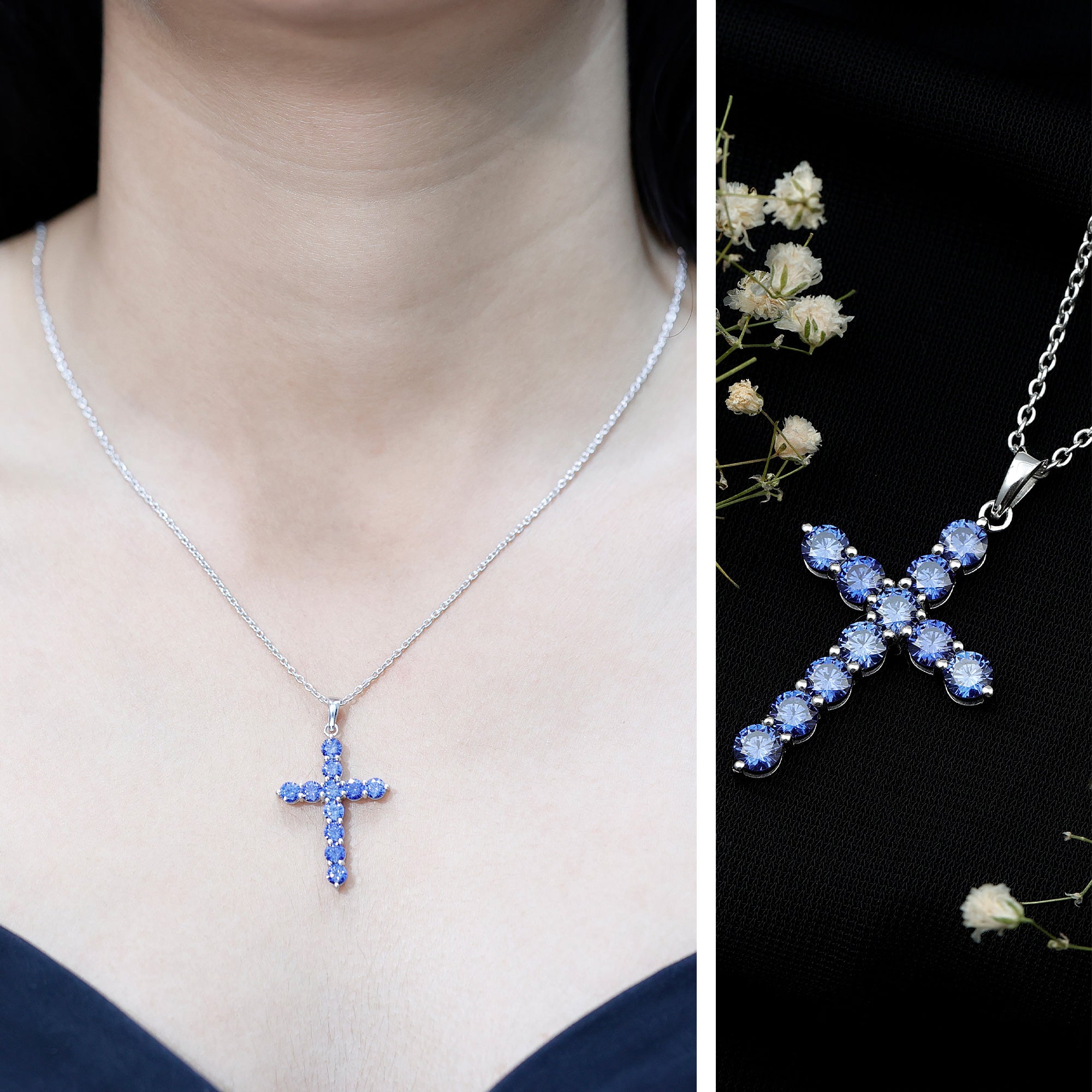 Simple Created Blue Sapphire Cross Pendant Necklace AAAA - Rosec Jewels
