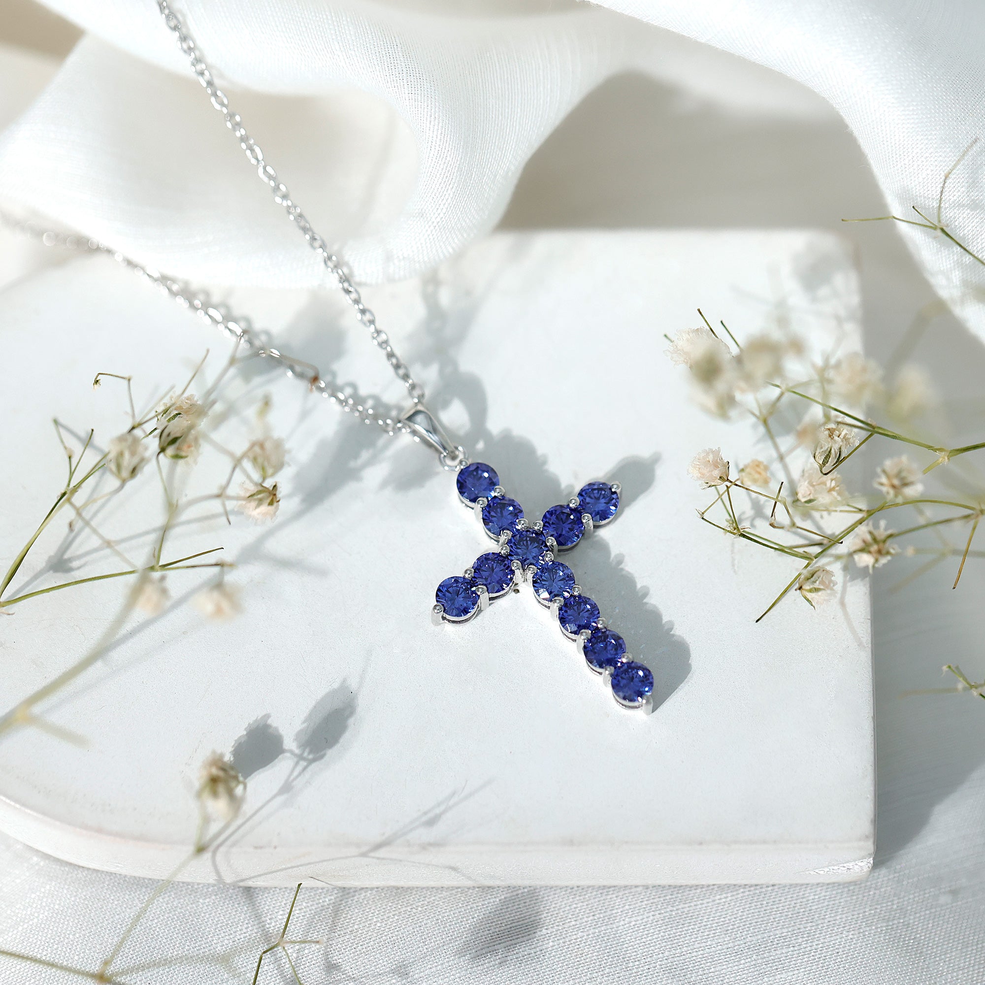 Simple Created Blue Sapphire Cross Pendant Necklace AAAA - Rosec Jewels