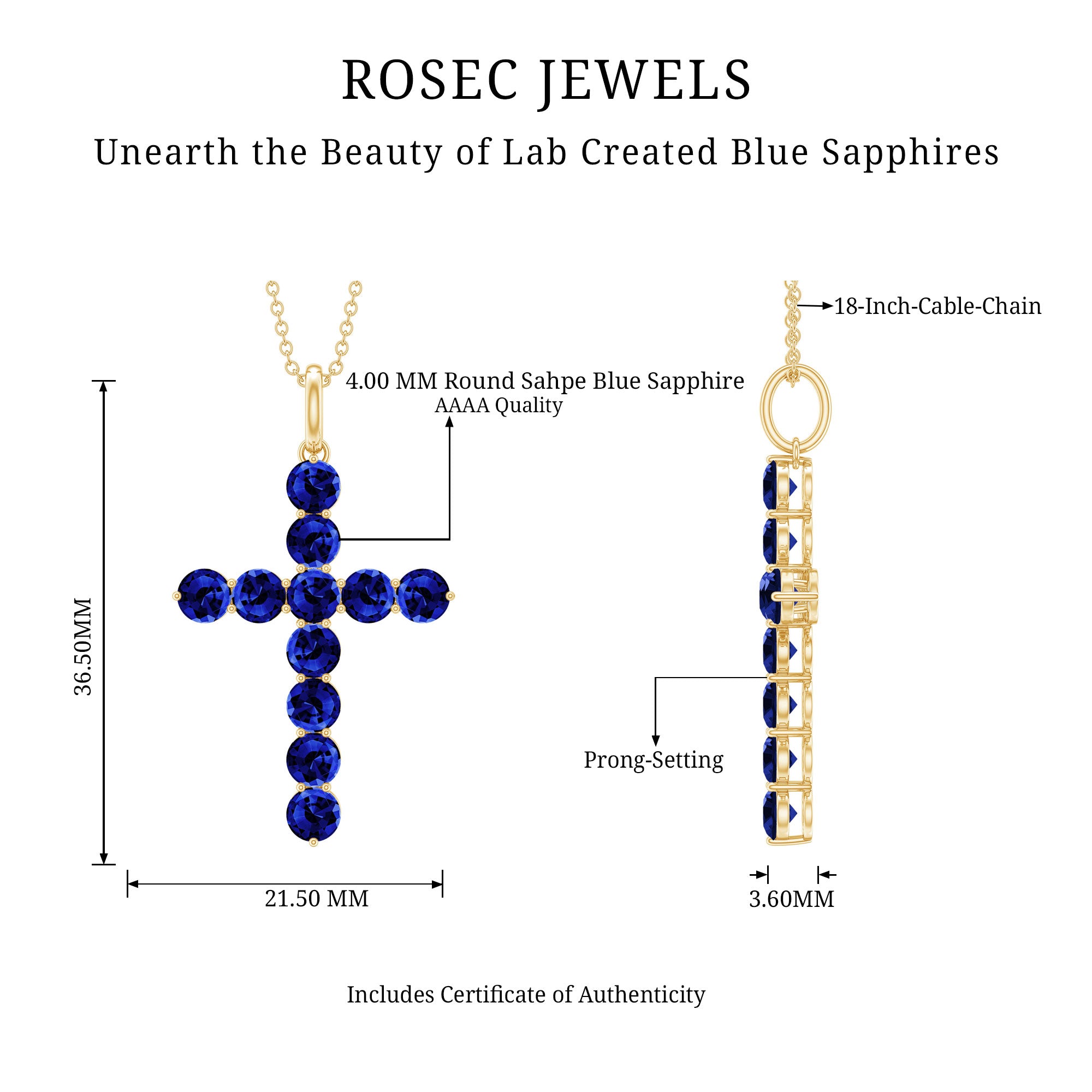 Simple Created Blue Sapphire Cross Pendant Necklace AAAA - Rosec Jewels