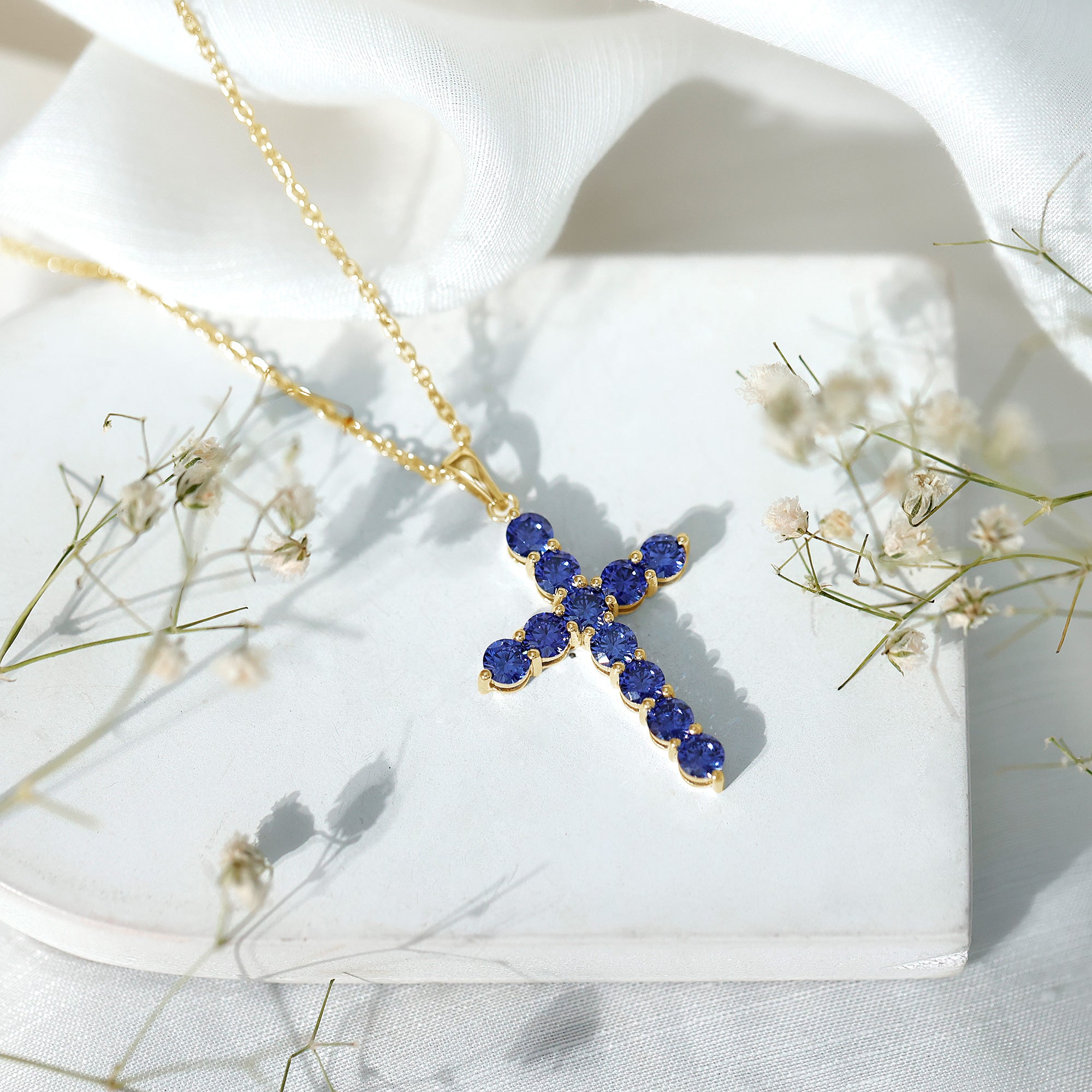 Simple Created Blue Sapphire Cross Pendant Necklace AAAA - Rosec Jewels