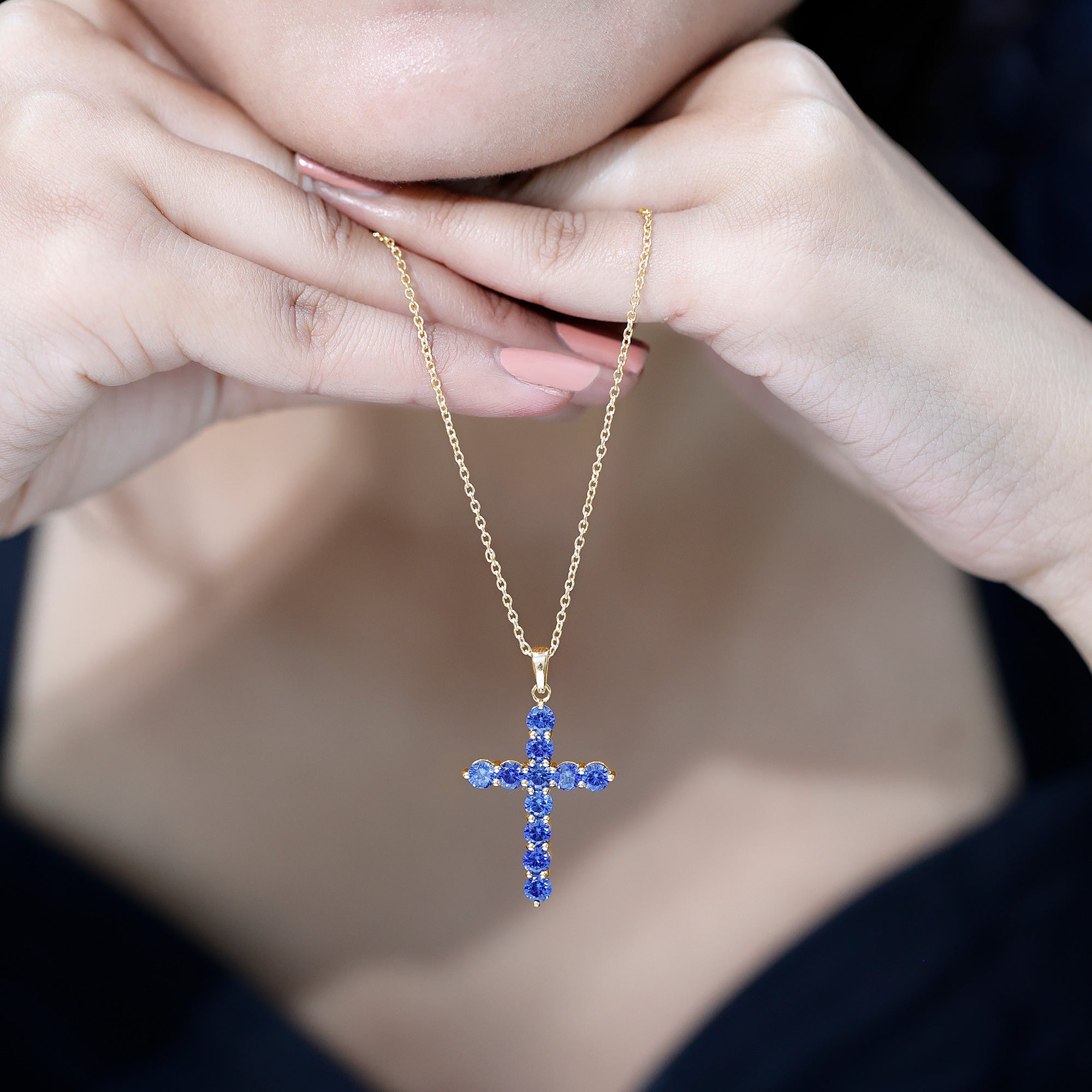 Simple Created Blue Sapphire Cross Pendant Necklace AAAA - Rosec Jewels