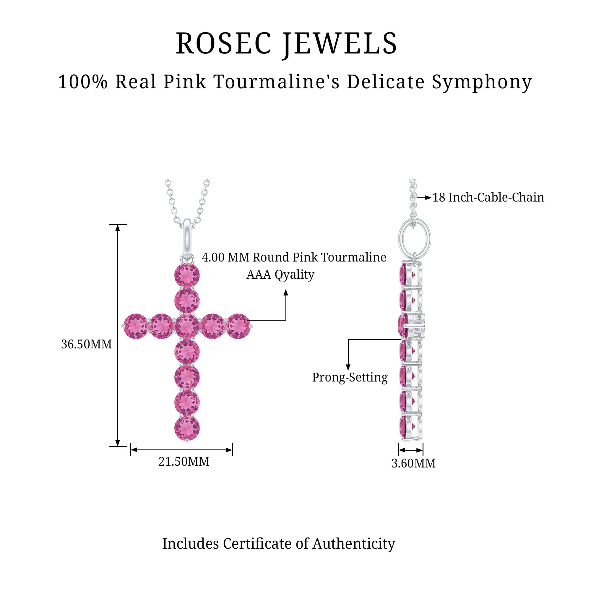 Natural Pink Tourmaline Cross Pendant Necklace for Women AAA 92.5 Sterling Silver - Rosec Jewels
