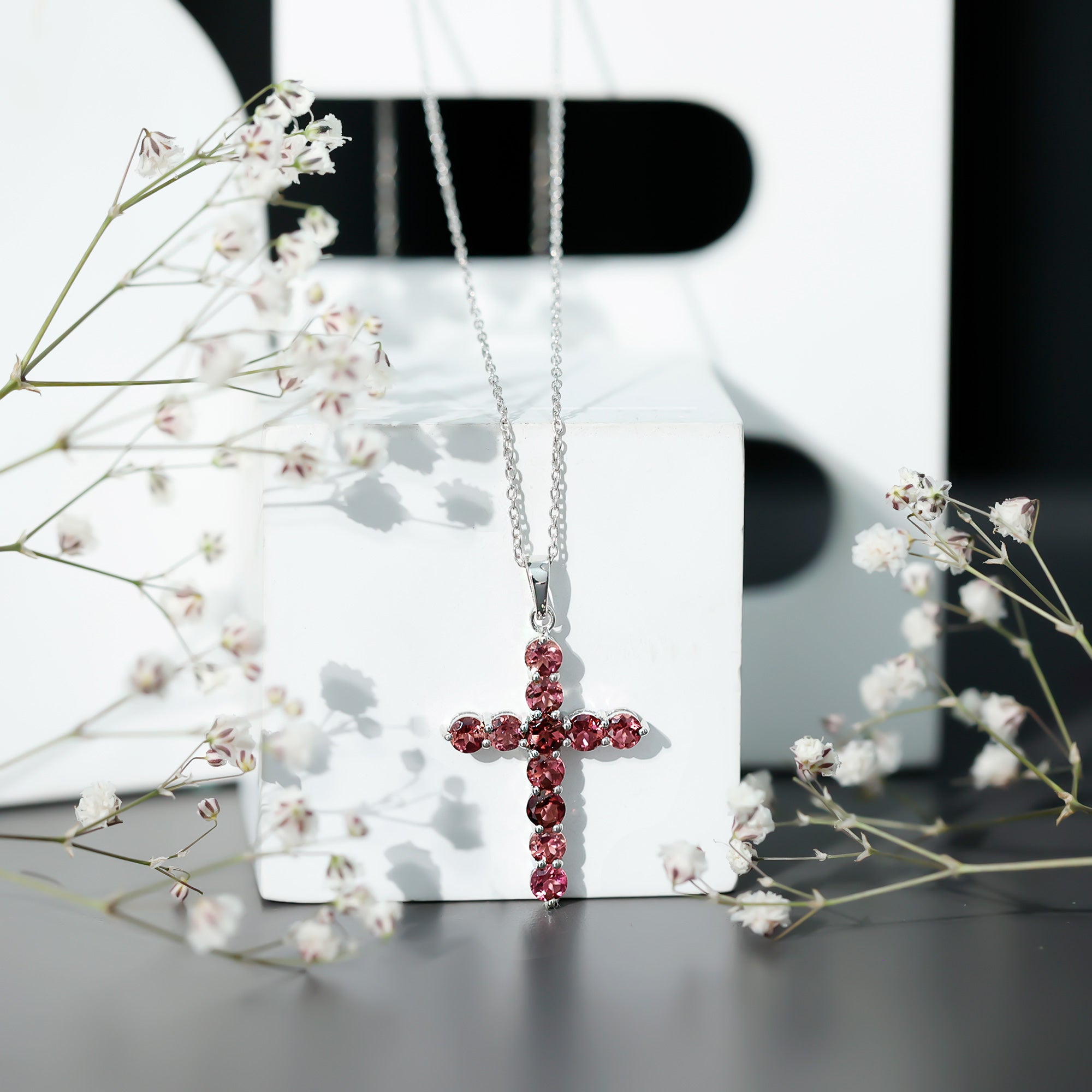 Natural Pink Tourmaline Cross Pendant Necklace for Women AAA 92.5 Sterling Silver - Rosec Jewels