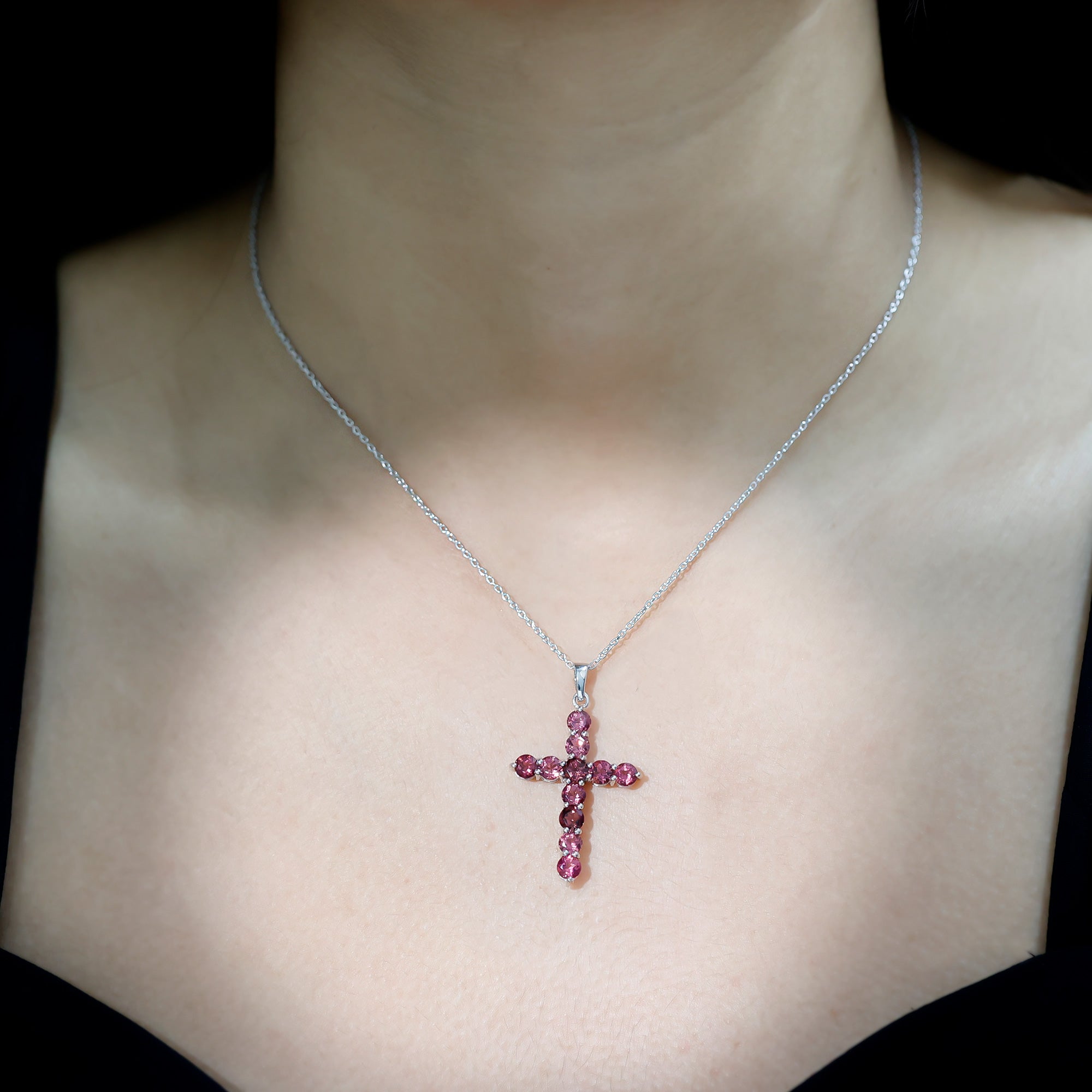 Natural Pink Tourmaline Cross Pendant Necklace for Women AAA 92.5 Sterling Silver - Rosec Jewels