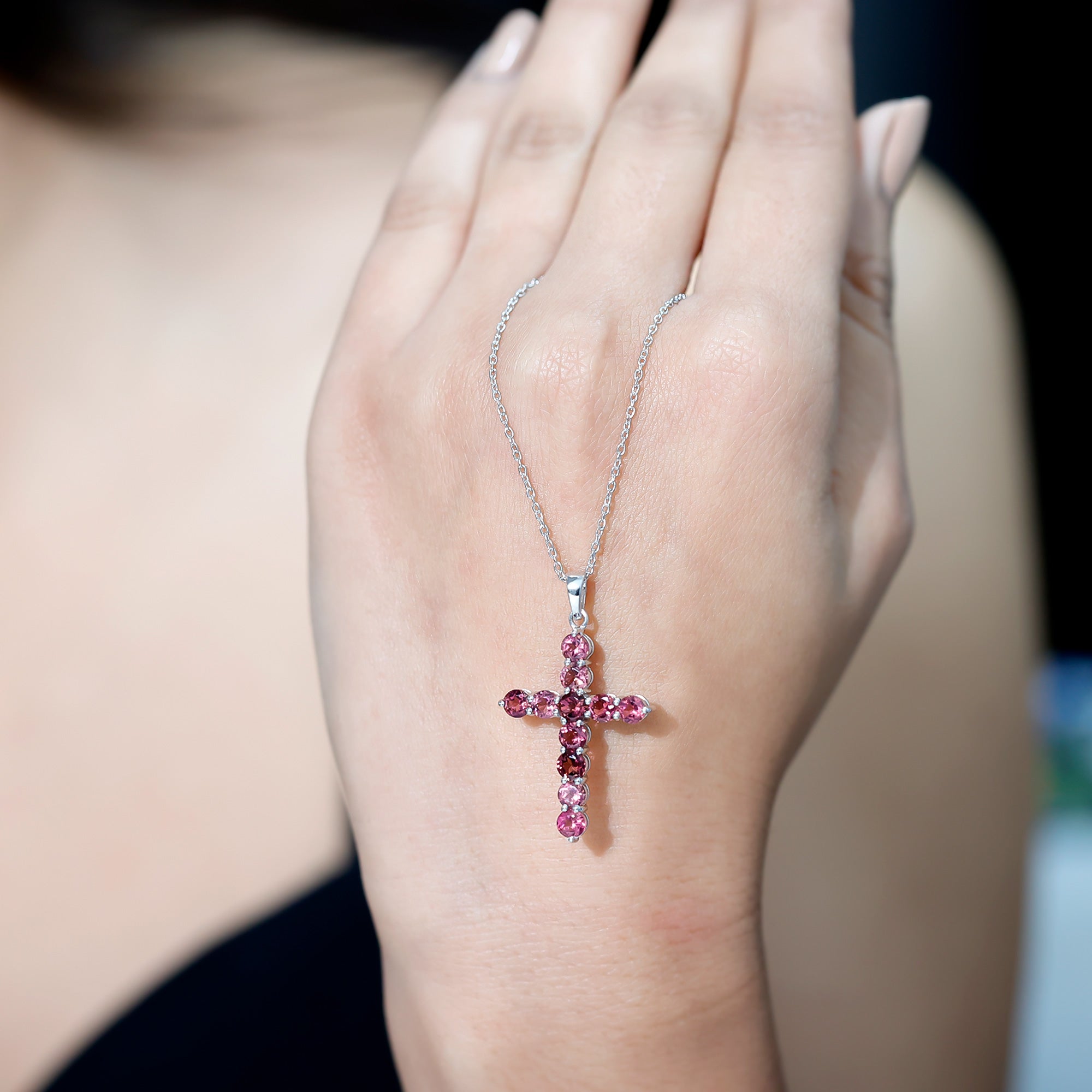 Natural Pink Tourmaline Cross Pendant Necklace for Women AAA 92.5 Sterling Silver - Rosec Jewels
