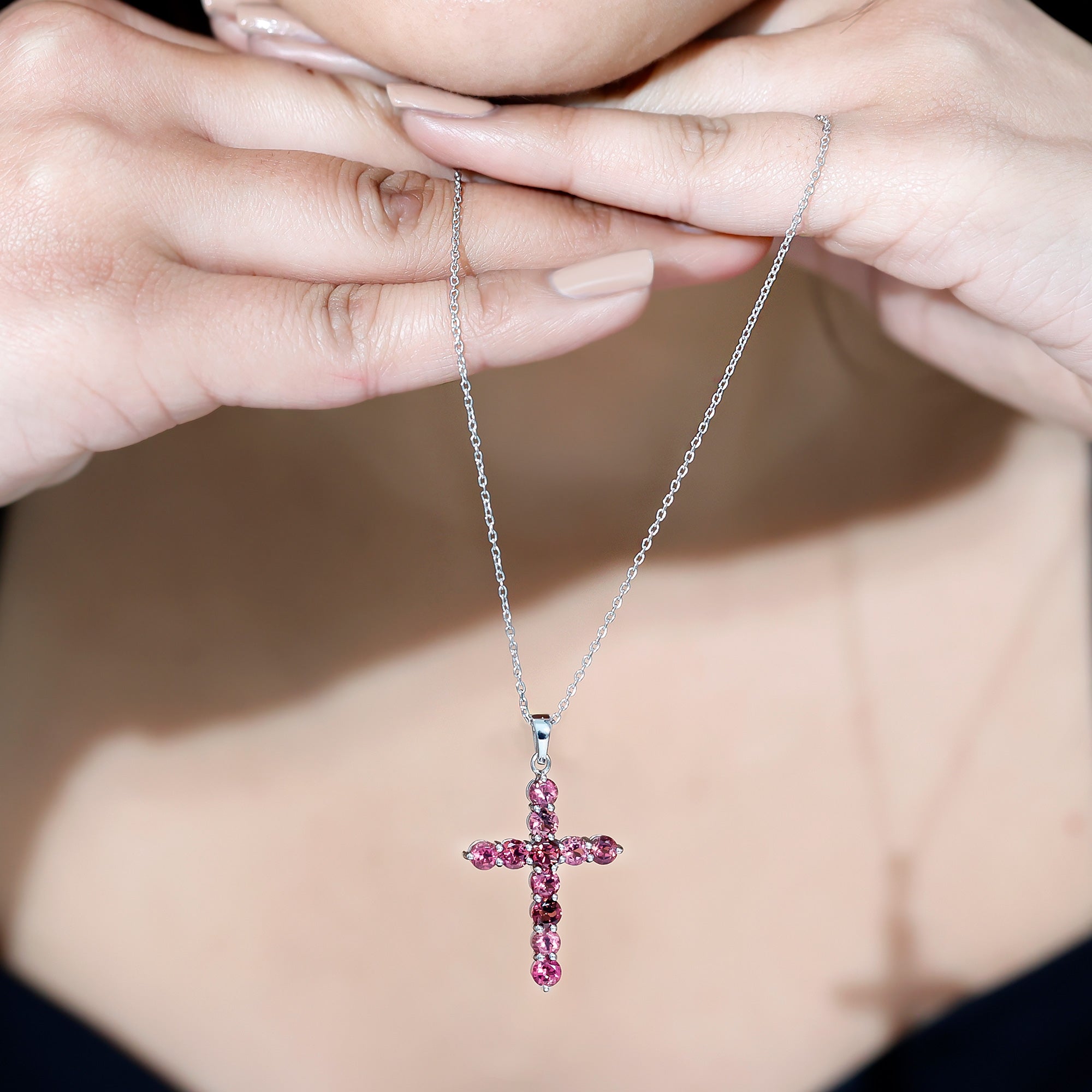 Natural Pink Tourmaline Cross Pendant Necklace for Women AAA 92.5 Sterling Silver - Rosec Jewels