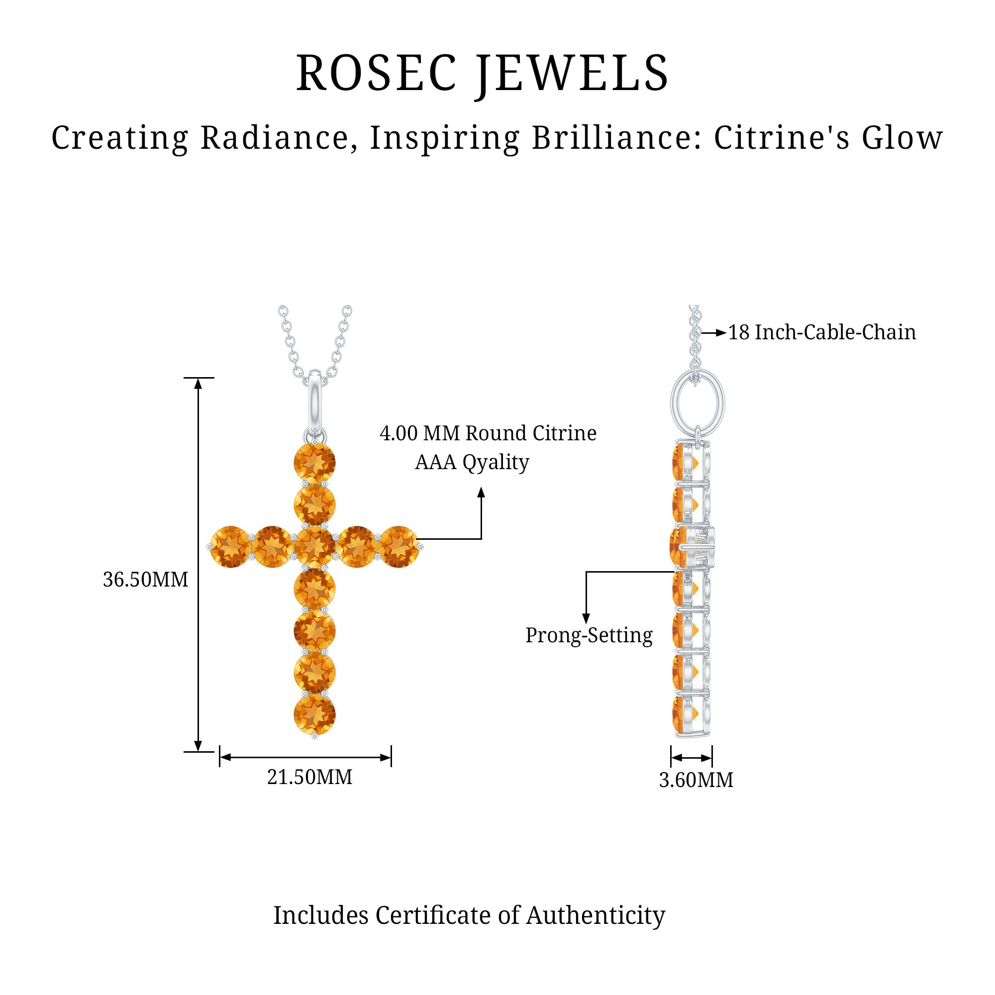 Natural Citrine Silver Cross Necklace with Chain AAA 92.5 Sterling Silver - Rosec Jewels