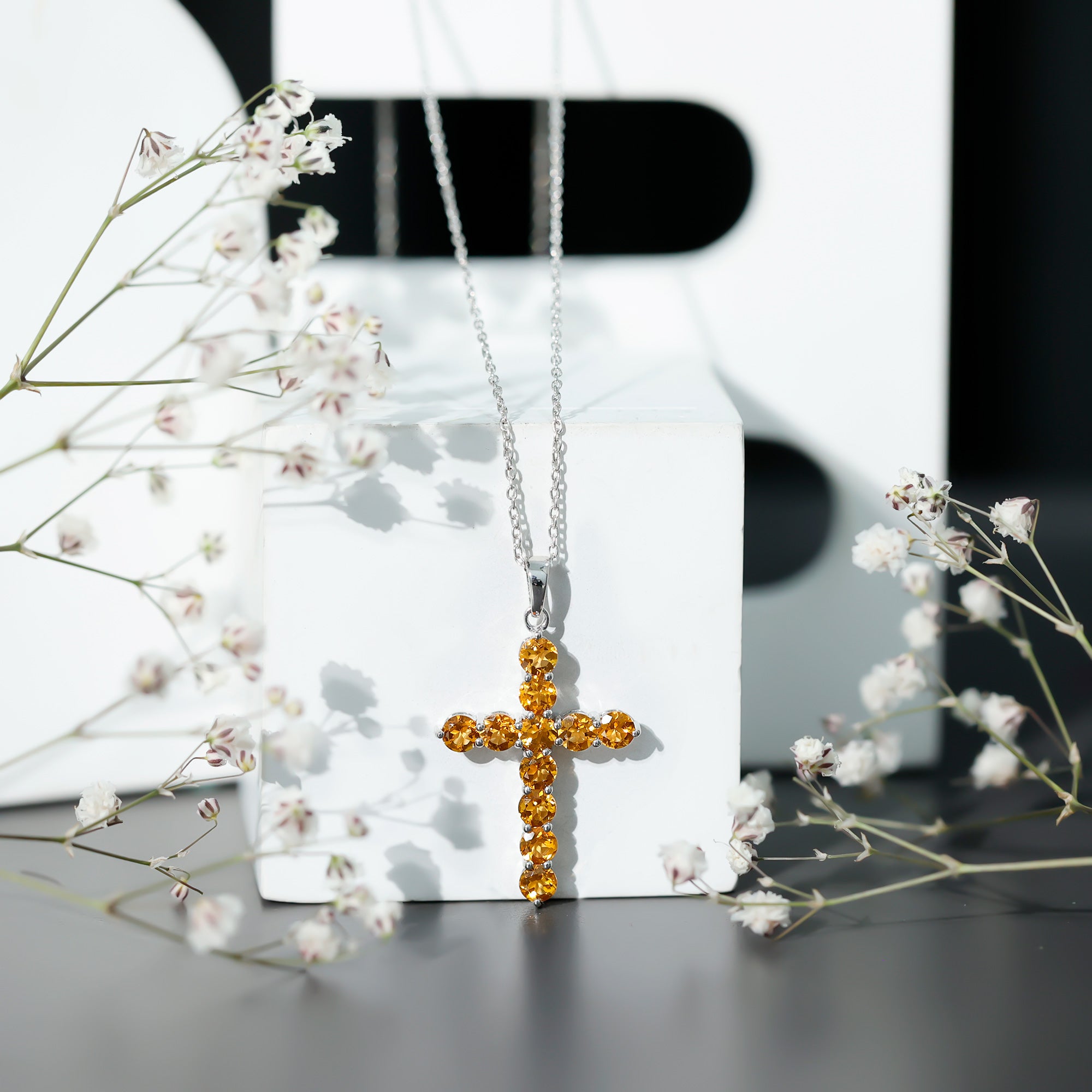 Natural Citrine Silver Cross Necklace with Chain AAA 92.5 Sterling Silver - Rosec Jewels