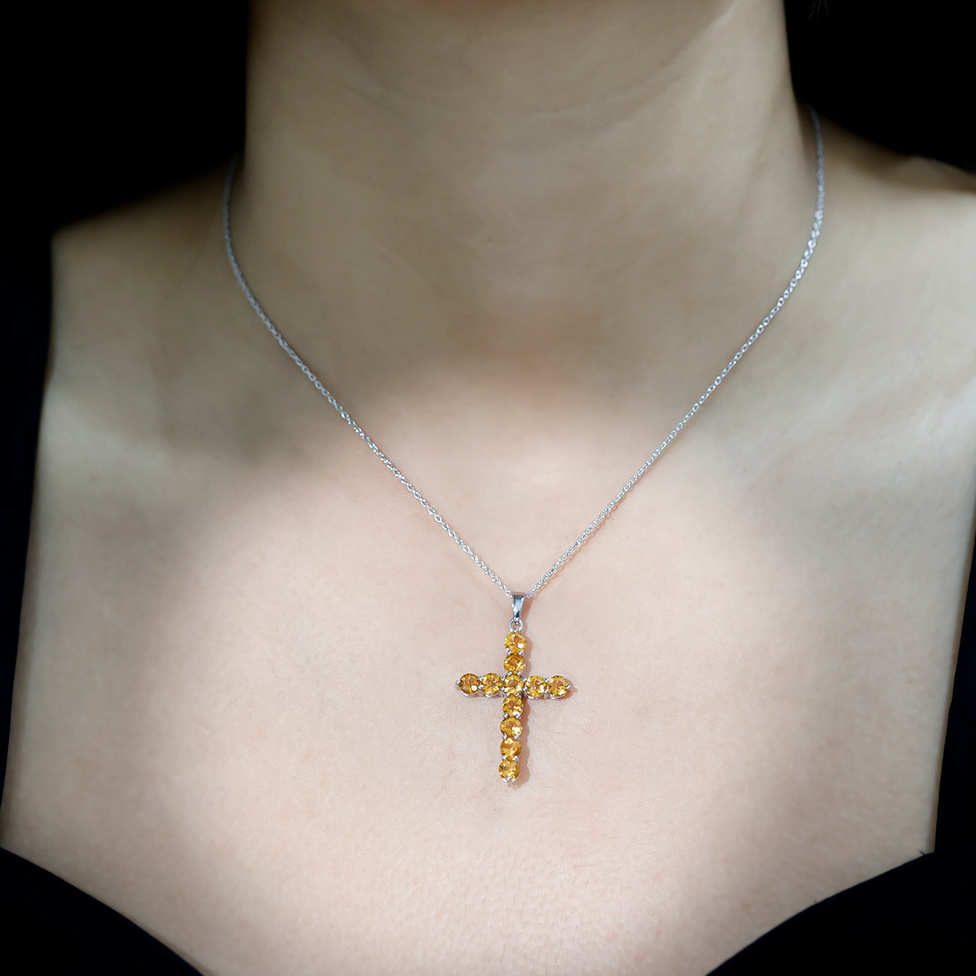 Natural Citrine Silver Cross Necklace with Chain AAA 92.5 Sterling Silver - Rosec Jewels