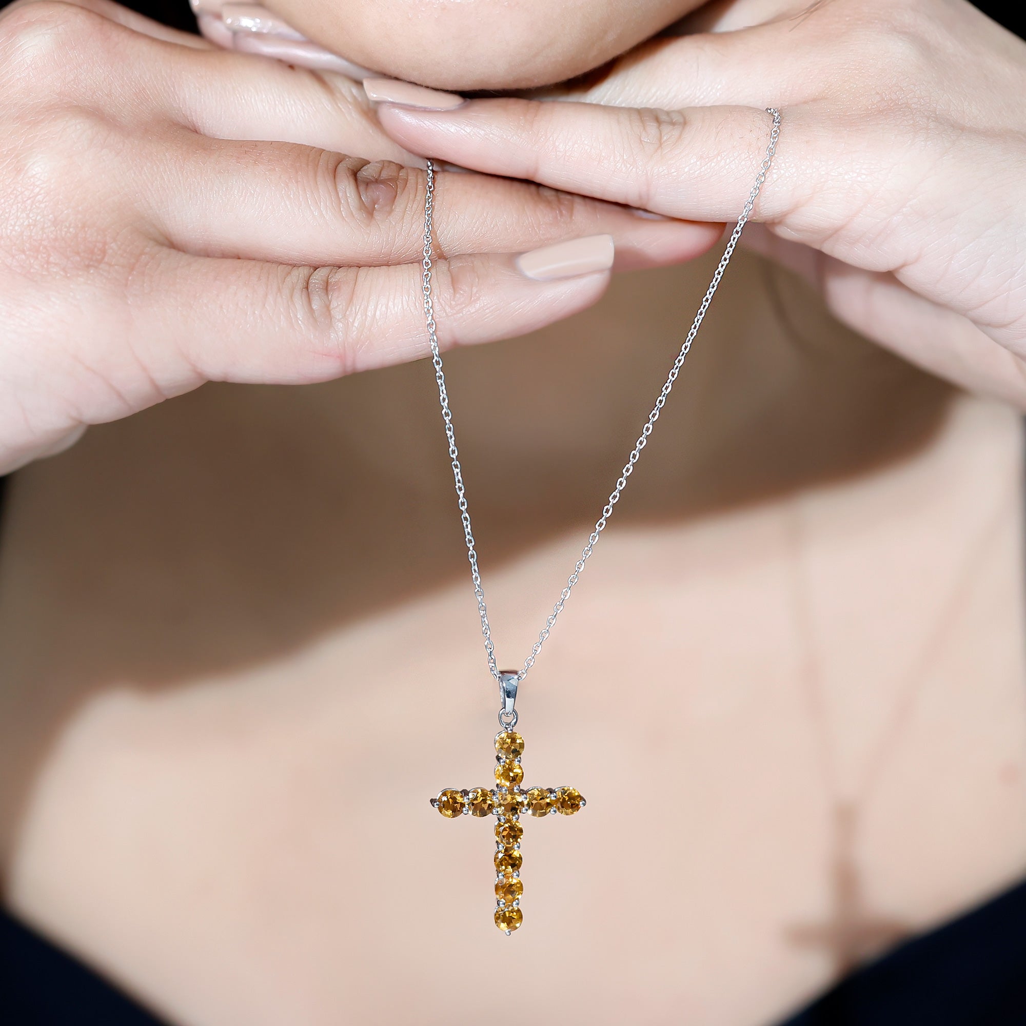 Natural Citrine Silver Cross Necklace with Chain AAA 92.5 Sterling Silver - Rosec Jewels