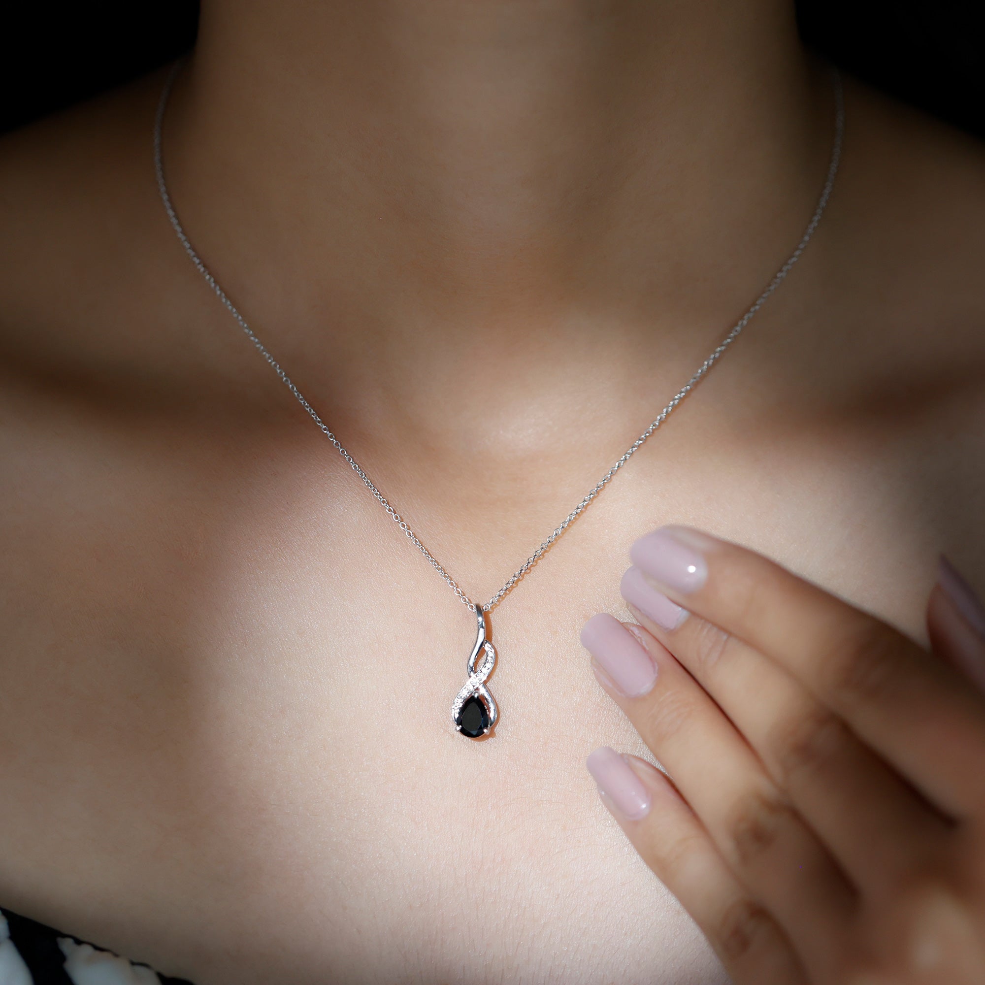 1 Carat Pear Shape Black Onyx Infinity Necklace with Diamonds AAA - Rosec Jewels