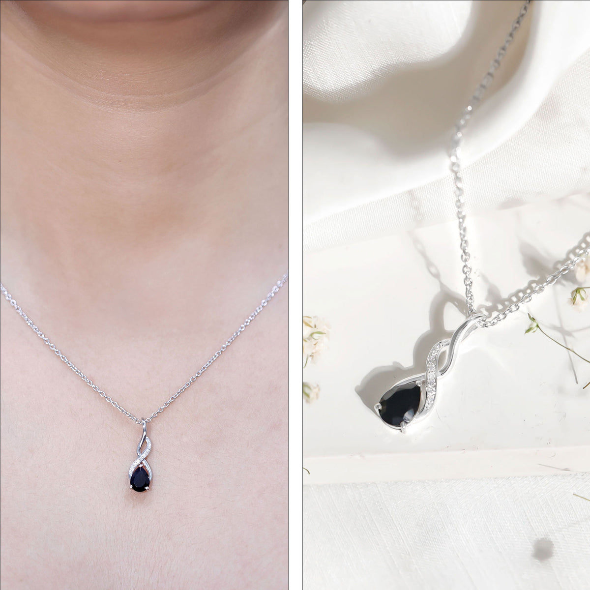 1 Carat Pear Shape Black Onyx Infinity Necklace with Diamonds AAA - Rosec Jewels