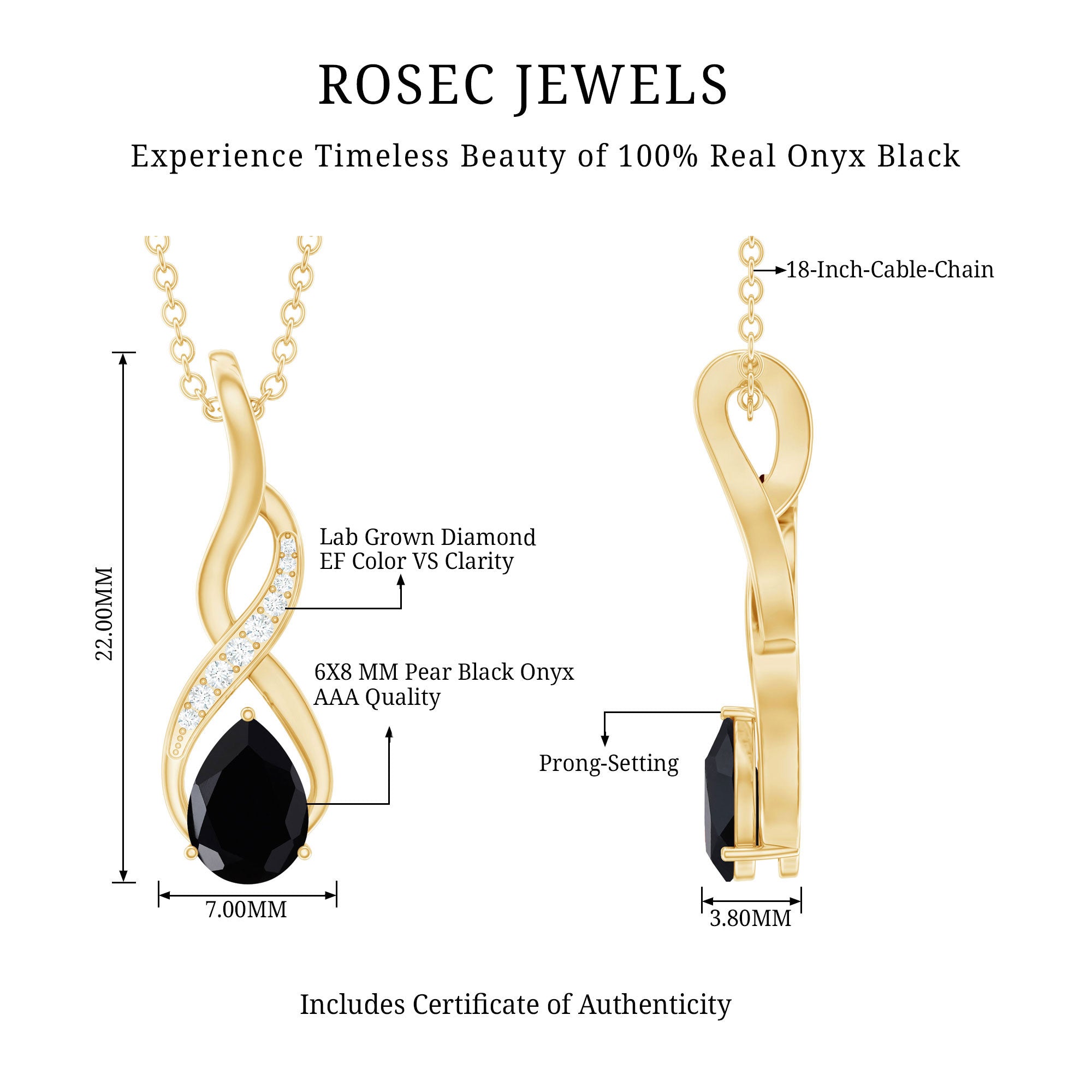 1 Carat Pear Shape Black Onyx Infinity Necklace with Diamonds AAA - Rosec Jewels