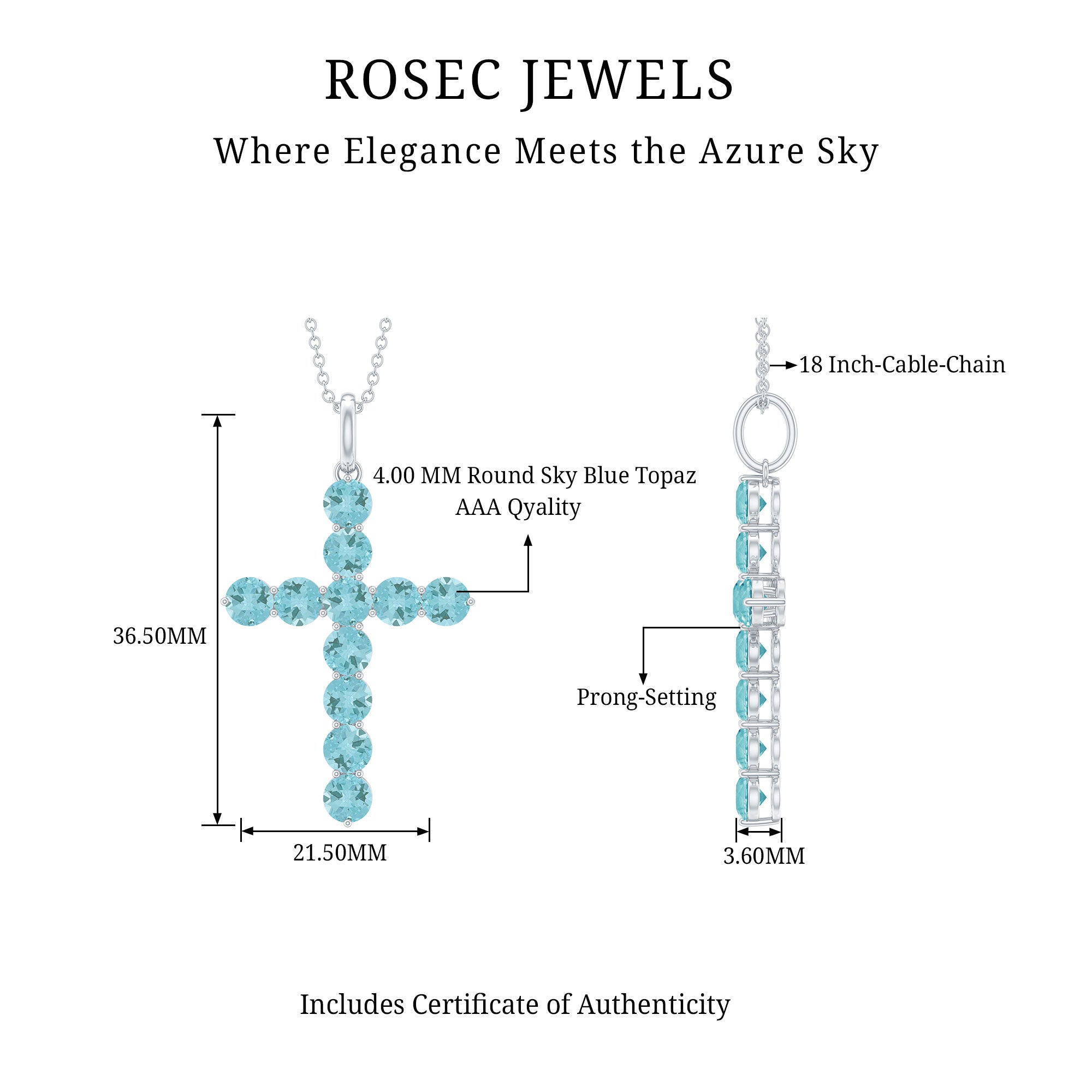 Womens Cross Necklace with Sky Blue Topaz AAA 92.5 Sterling Silver - Rosec Jewels