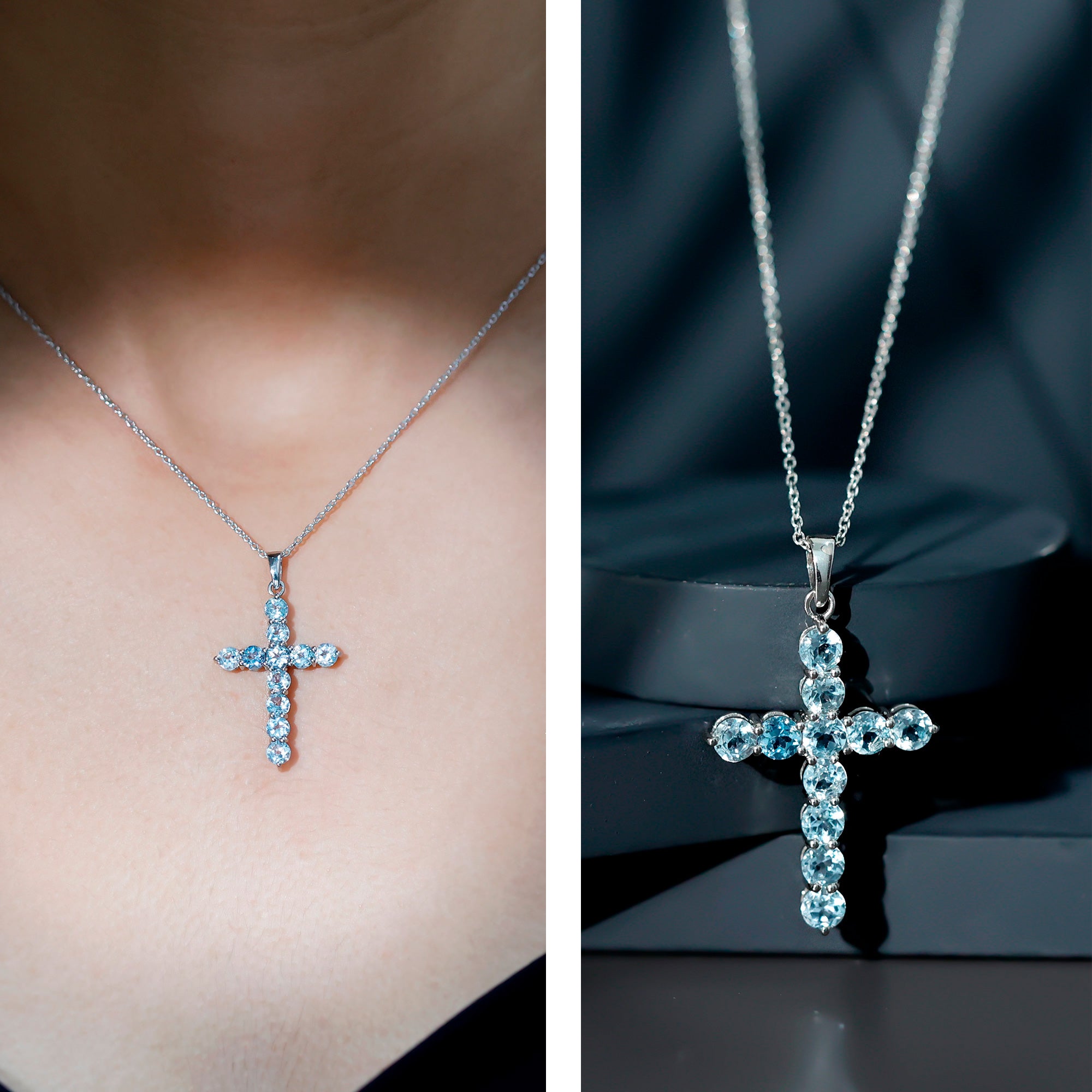 Womens Cross Necklace with Sky Blue Topaz AAA 92.5 Sterling Silver - Rosec Jewels