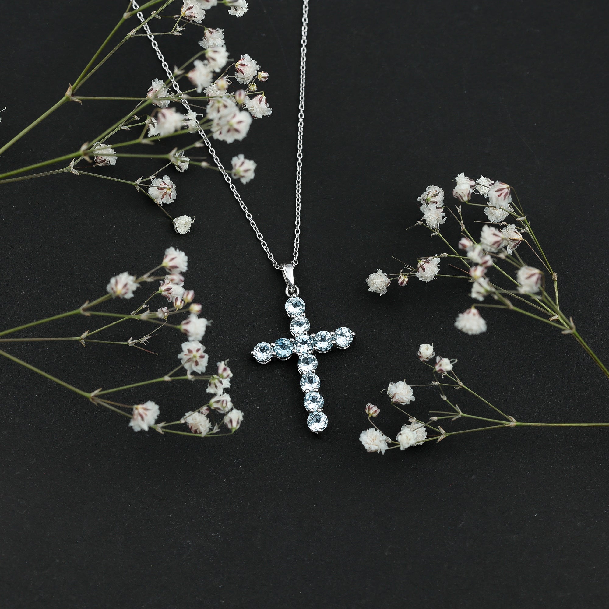 Womens Cross Necklace with Sky Blue Topaz AAA 92.5 Sterling Silver - Rosec Jewels
