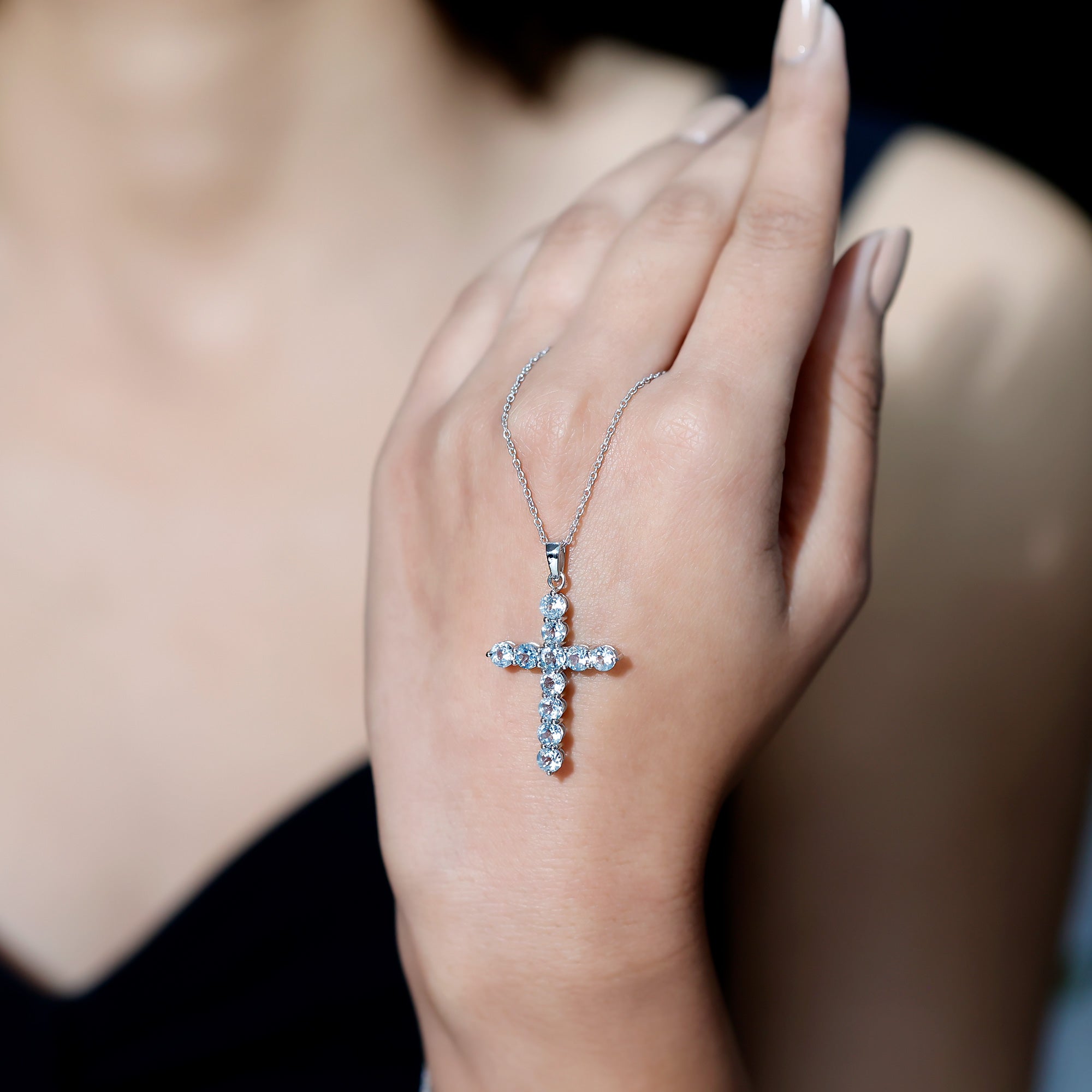Womens Cross Necklace with Sky Blue Topaz AAA 92.5 Sterling Silver - Rosec Jewels
