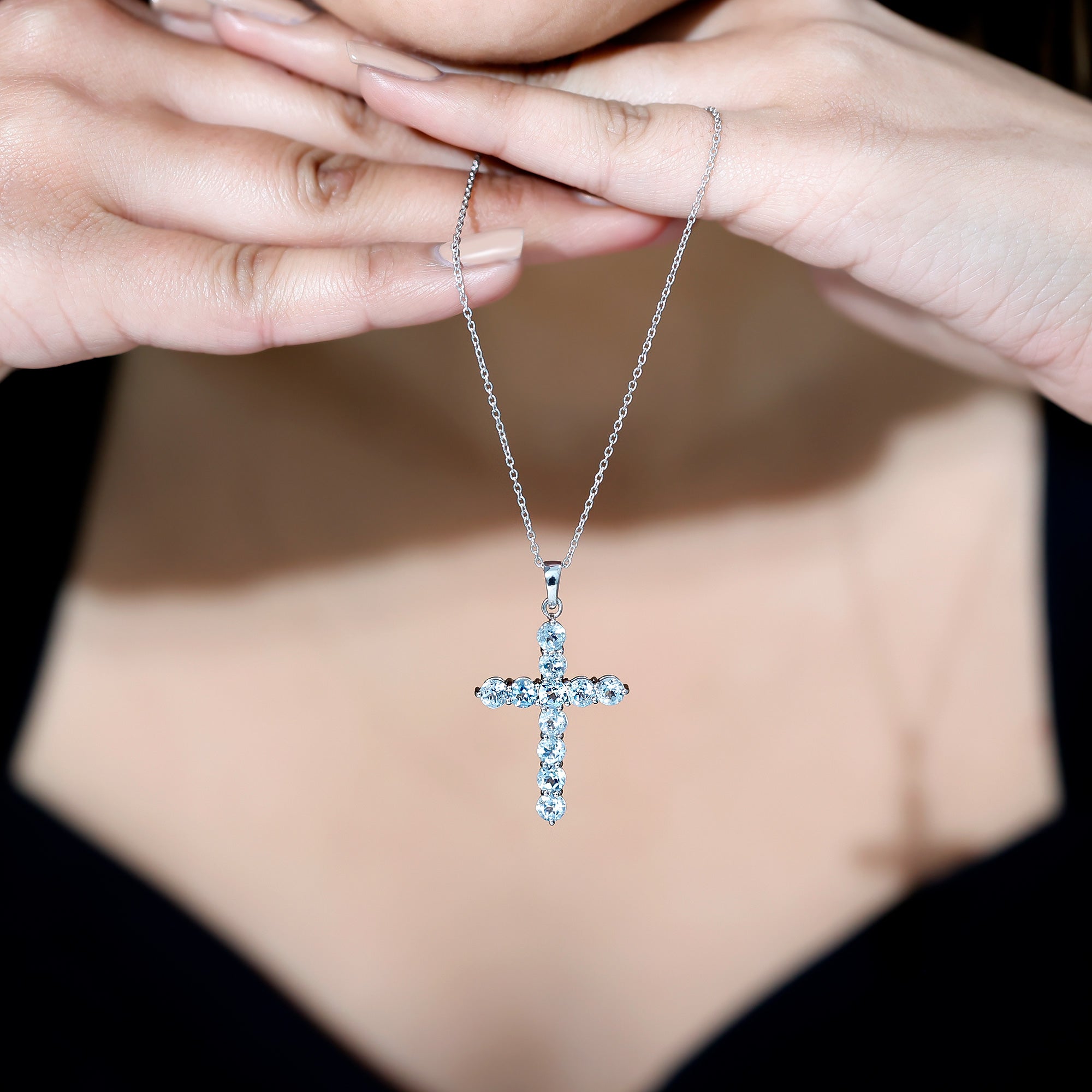 Womens Cross Necklace with Sky Blue Topaz AAA 92.5 Sterling Silver - Rosec Jewels