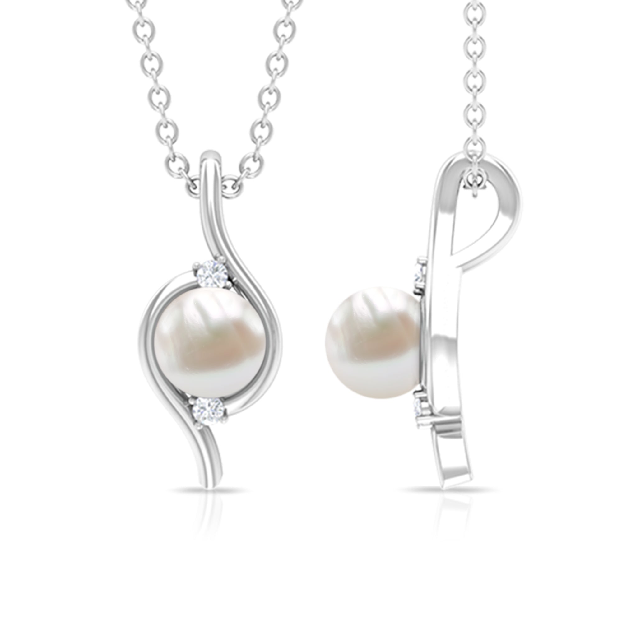 2 CT Freshwater Pearl and Diamond Bypass Pendant Necklace Freshwater Pearl - ( AAA ) - Quality - Rosec Jewels