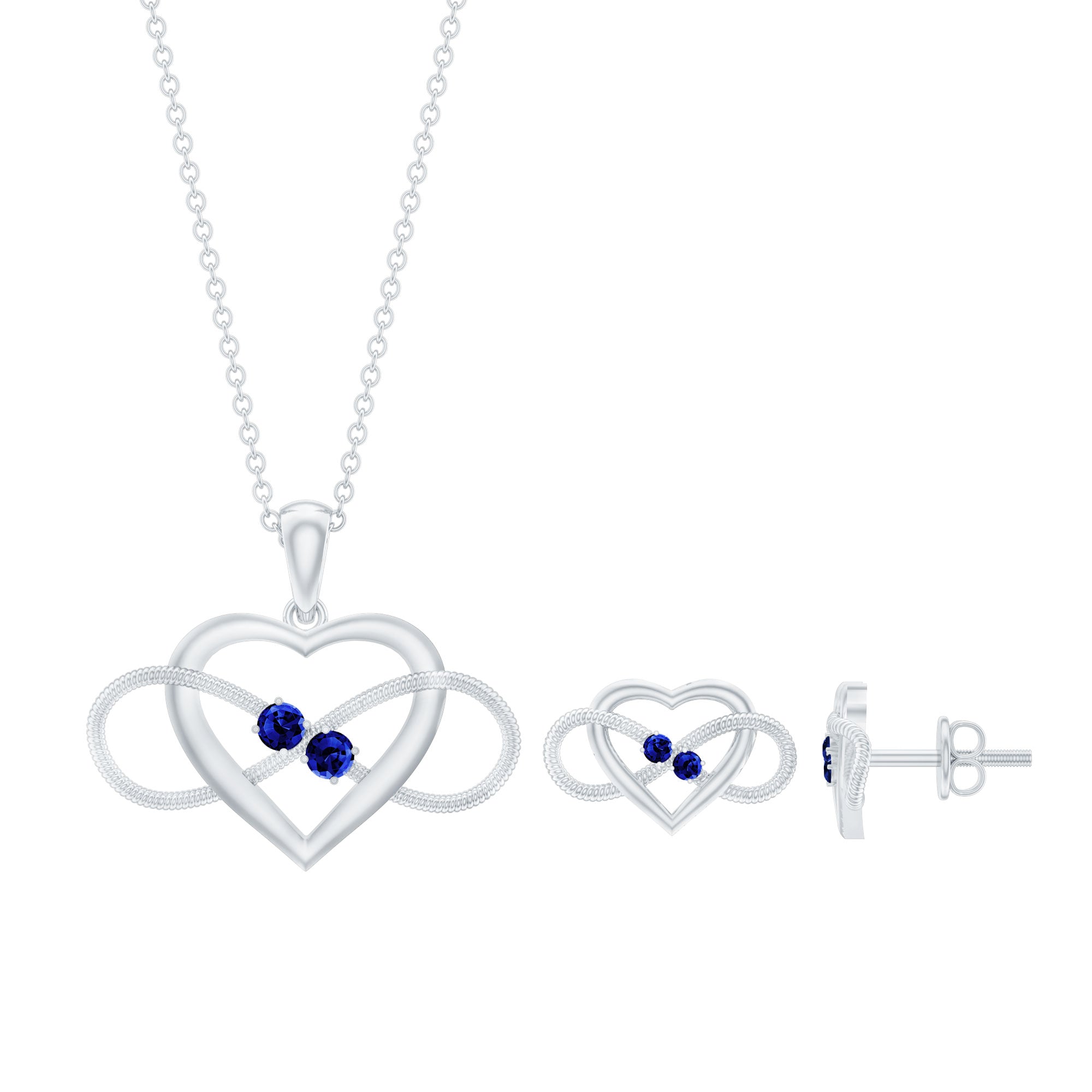 Lab Grown Blue Sapphire Infinity Heart Jewelry Set AAAA - Rosec Jewels
