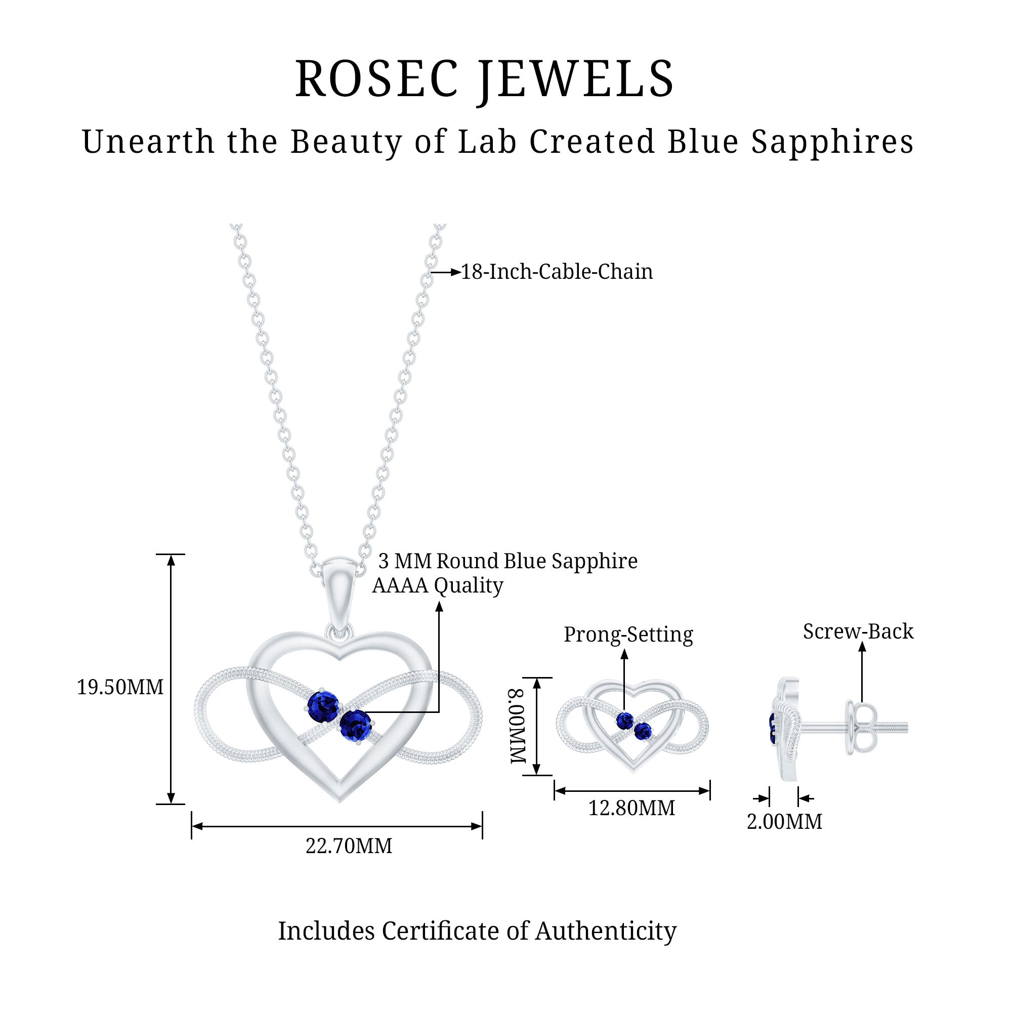 Lab Grown Blue Sapphire Infinity Heart Jewelry Set AAAA - Rosec Jewels