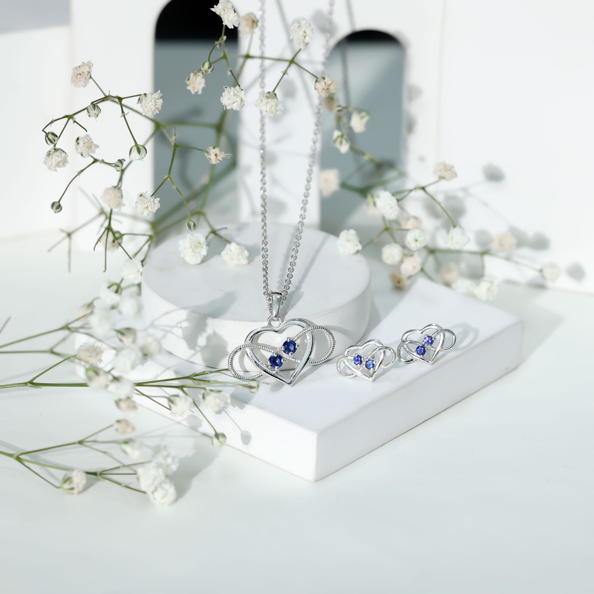 Lab Grown Blue Sapphire Infinity Heart Jewelry Set AAAA - Rosec Jewels