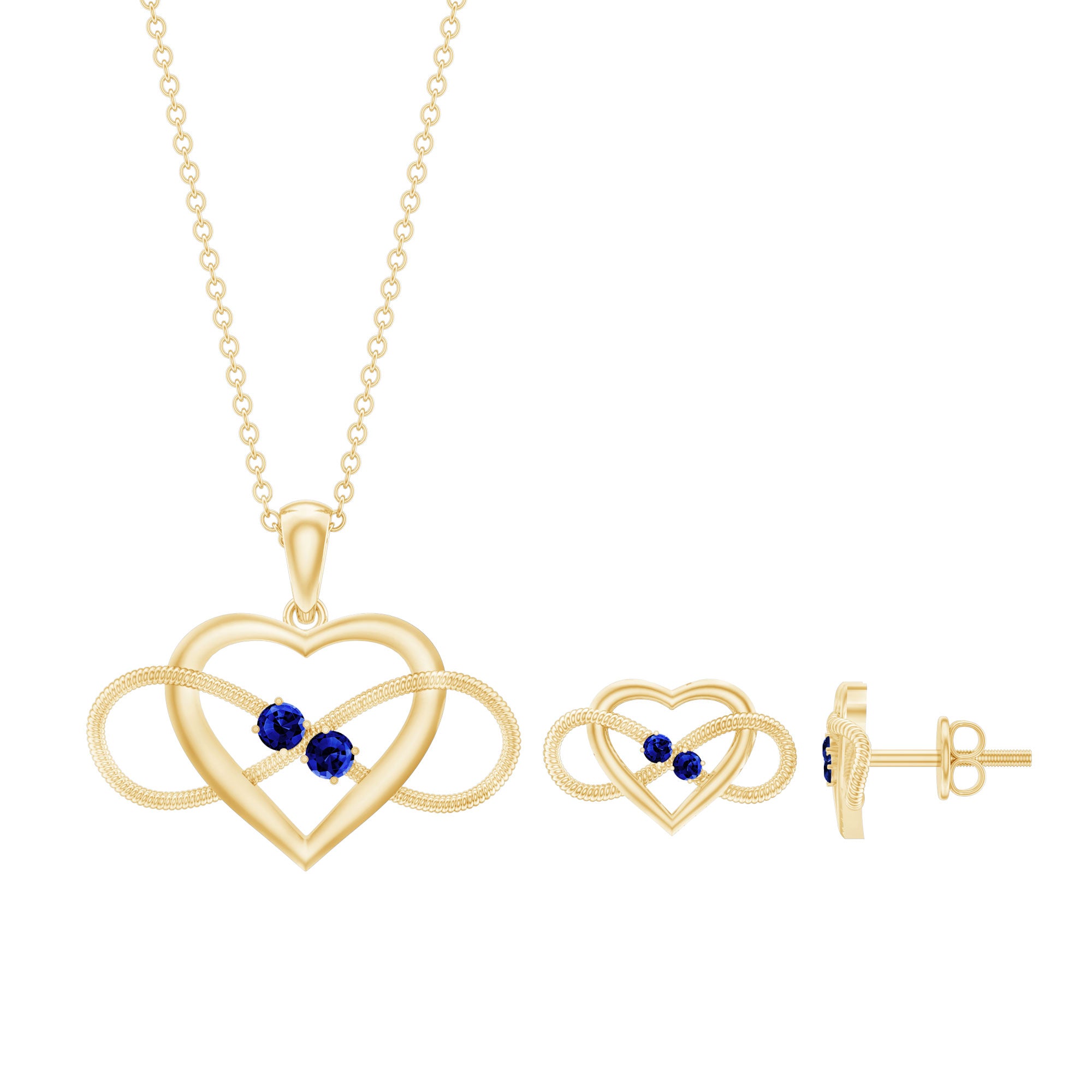 Lab Grown Blue Sapphire Infinity Heart Jewelry Set AAAA - Rosec Jewels