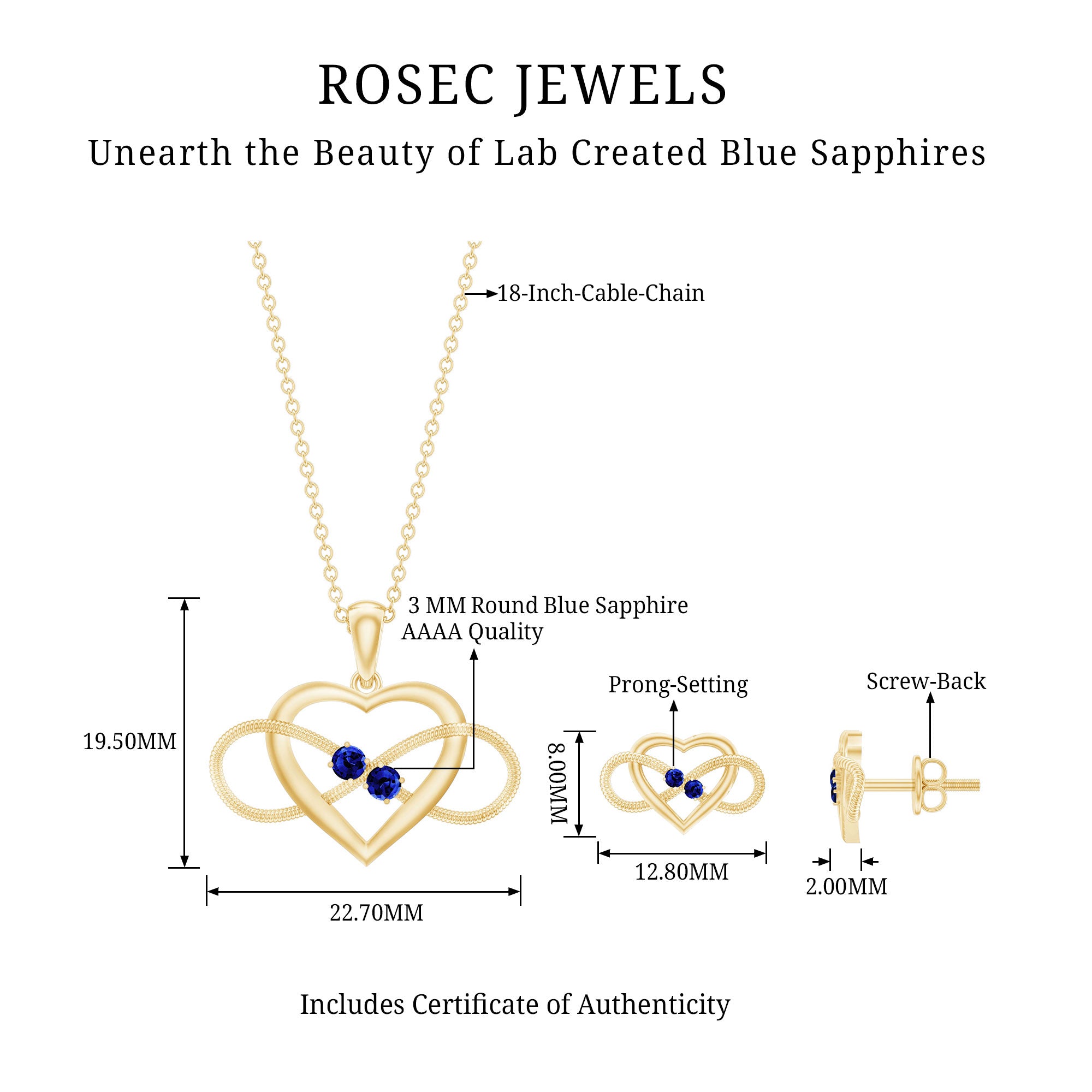Lab Grown Blue Sapphire Infinity Heart Jewelry Set AAAA - Rosec Jewels
