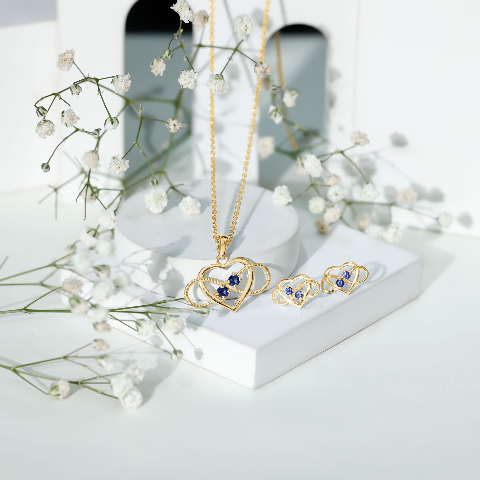 Lab Grown Blue Sapphire Infinity Heart Jewelry Set AAAA - Rosec Jewels