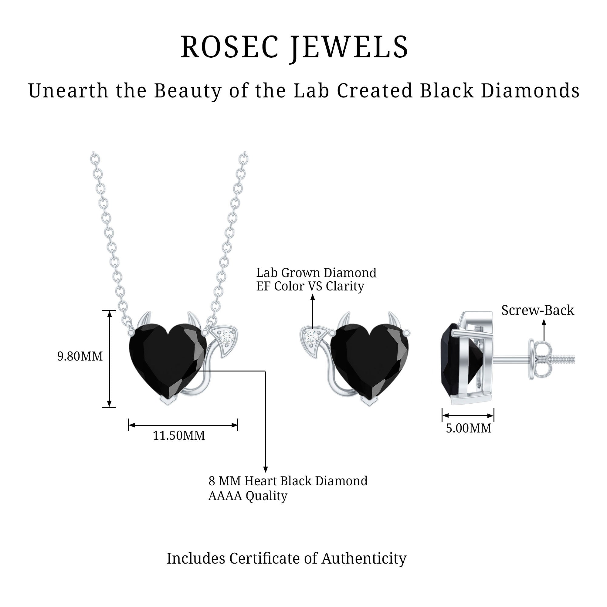Heart Shape Lab Grown Black and White Diamond Devil Jewelry Set AAAA ( Synthetic ) - Rosec Jewels
