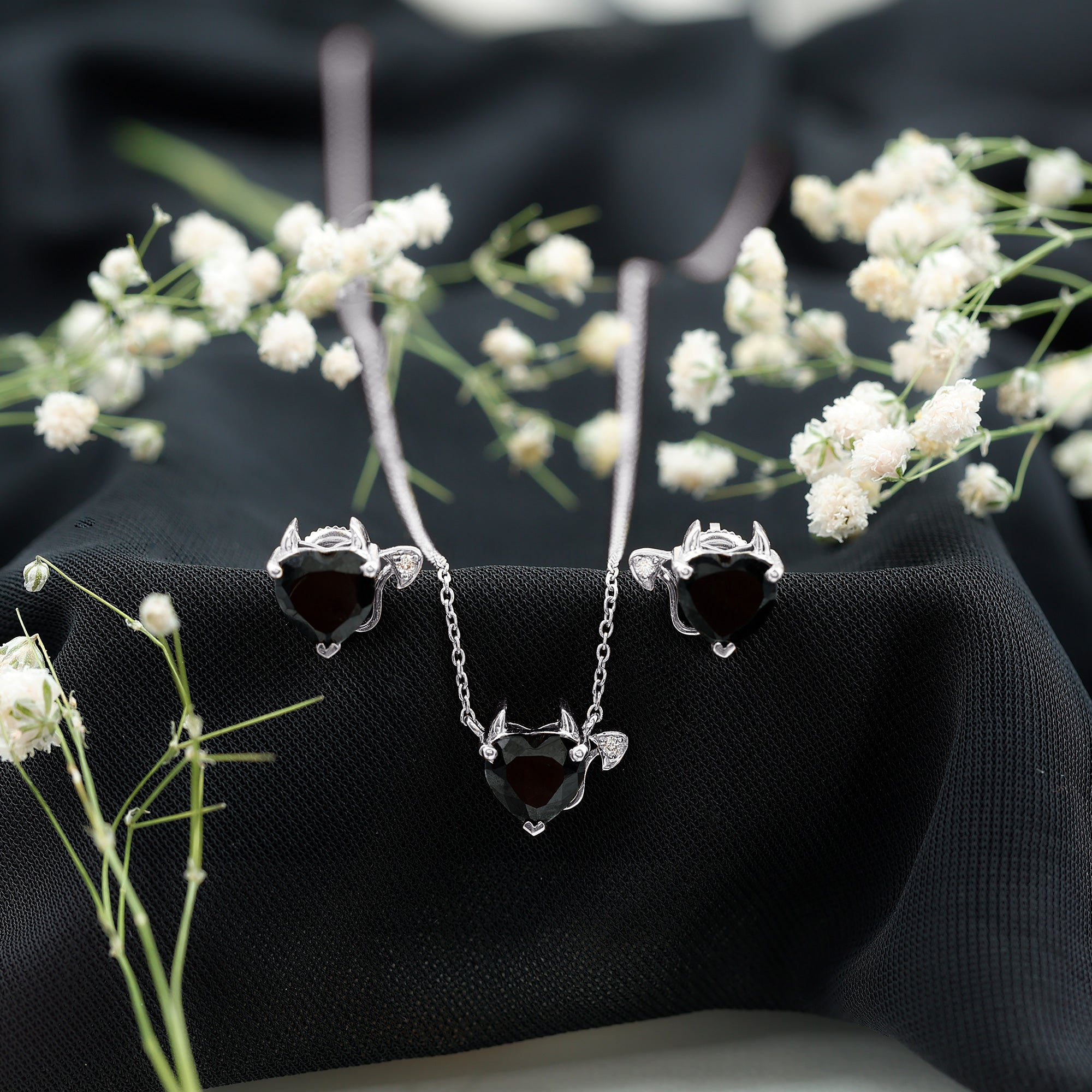 Heart Shape Lab Grown Black and White Diamond Devil Jewelry Set AAAA ( Synthetic ) - Rosec Jewels