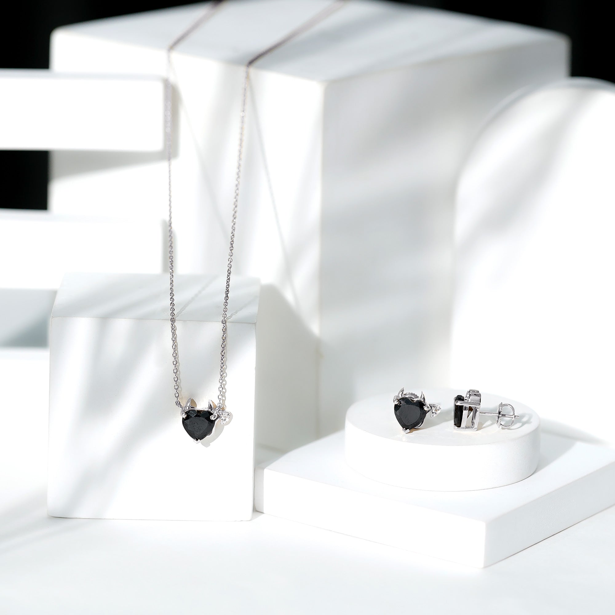 Heart Shape Lab Grown Black and White Diamond Devil Jewelry Set AAAA ( Synthetic ) - Rosec Jewels